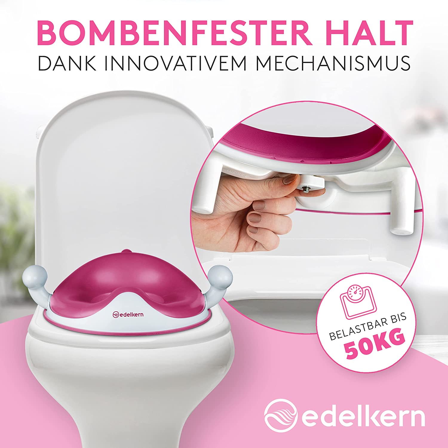 Edelkern Toilettensitz Kinder - Ergonomischer WC Sitz Kinder [bis 50kg] - Universeller Toilettenaufsatz Kinder mit Griffen [ab 3 J.] - Sicherer Klositz für Kinder mit Spritzschutz - Mit Aufhängehaken