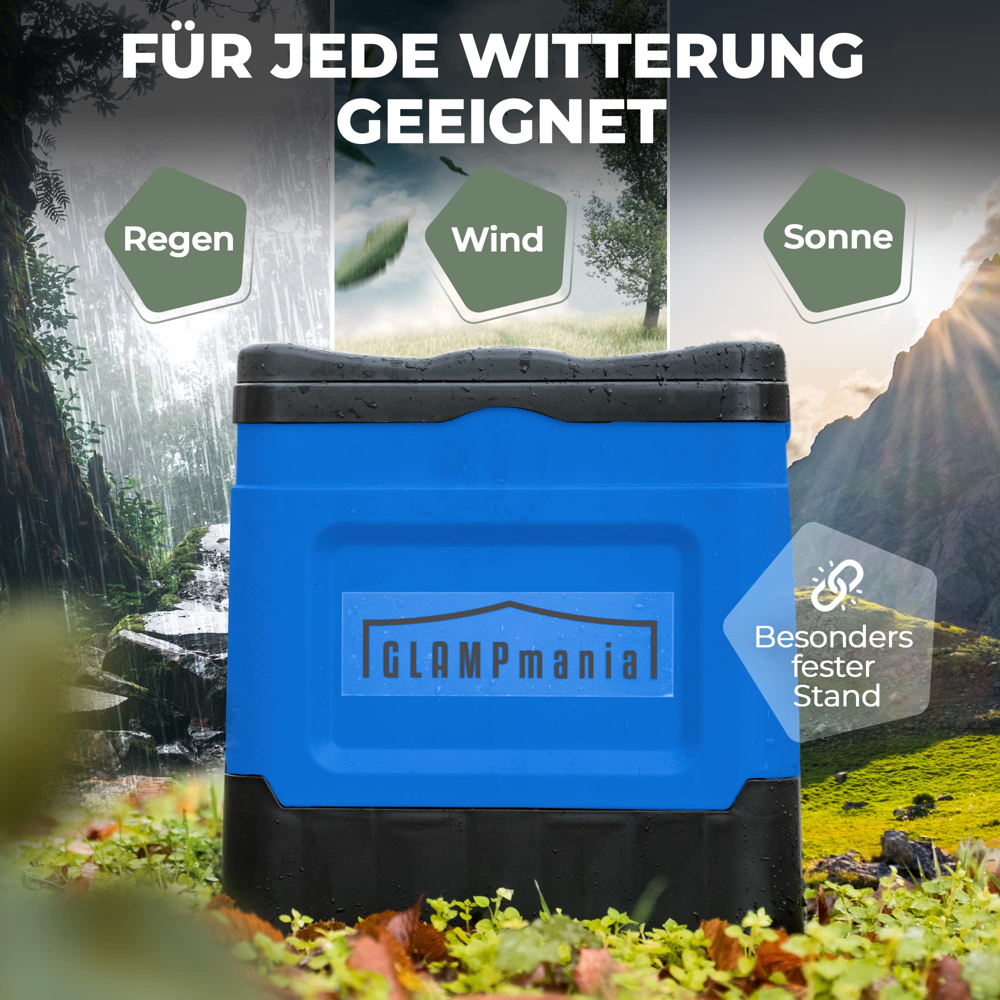 GLAMPmania Campingtoilette ohne Chemie [SEHR STABIL] für Tüten | Platzsparend, Flexibel und Clean | Die Mobile Toilette für Outdoor Camping, Festival, EDC, Zelten | Blau