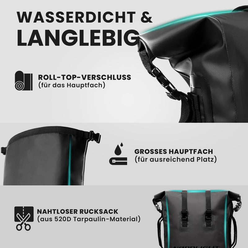 Nordlight Dry Bag 35l - (Schwarz) Roll Top Rucksack mit gepolstertem Tragegurt, wasserdichte Tasche für Wassersport, Fahrrad, Kurierrucksack, Trekking, Angeln