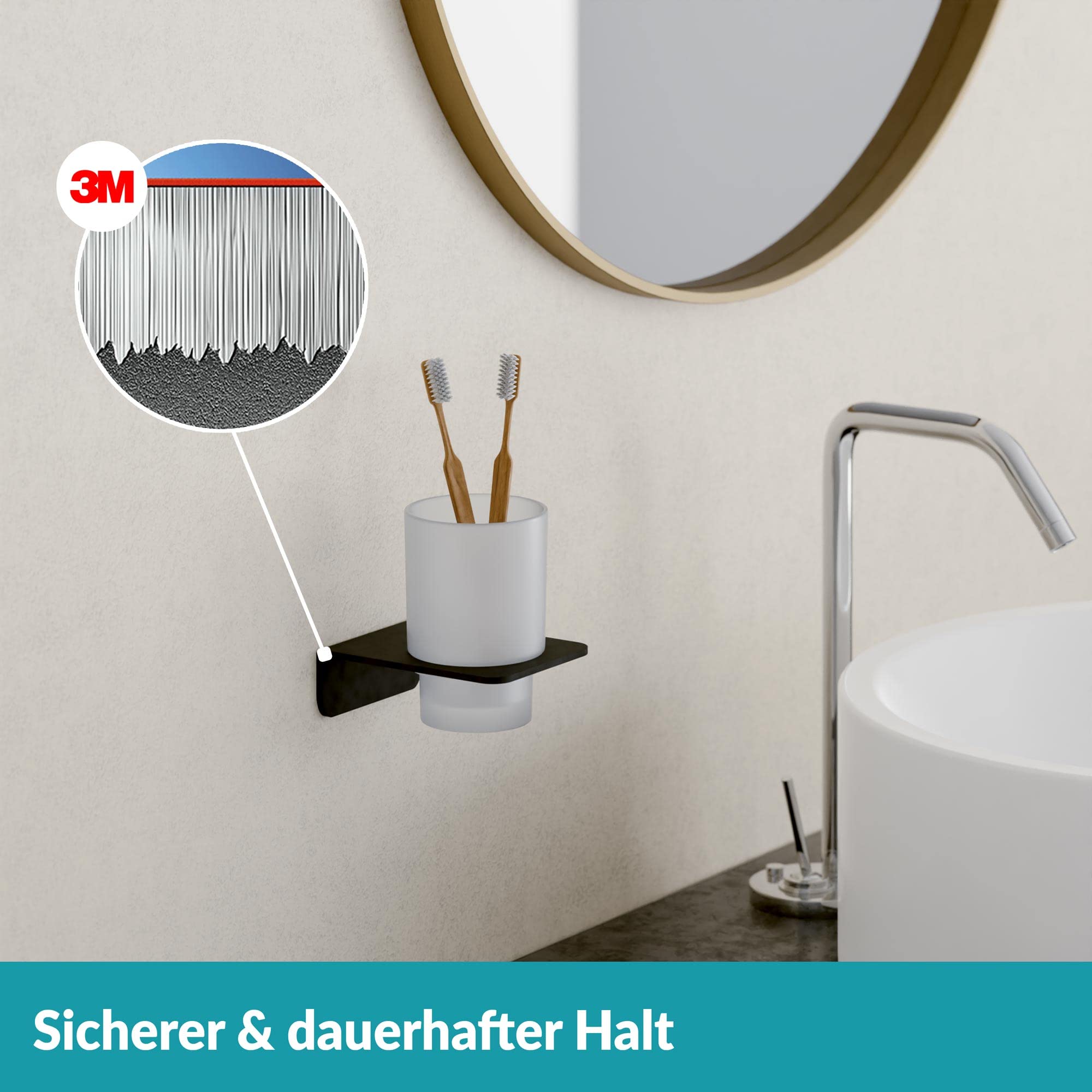 WEISSENSTEIN Zahnputzbecher ohne Bohren | Becher und Zahnputzbecherhalter zum Kleben an der Wand | Edelstahl Halterung und Glas weiß | in Schwarz Matt