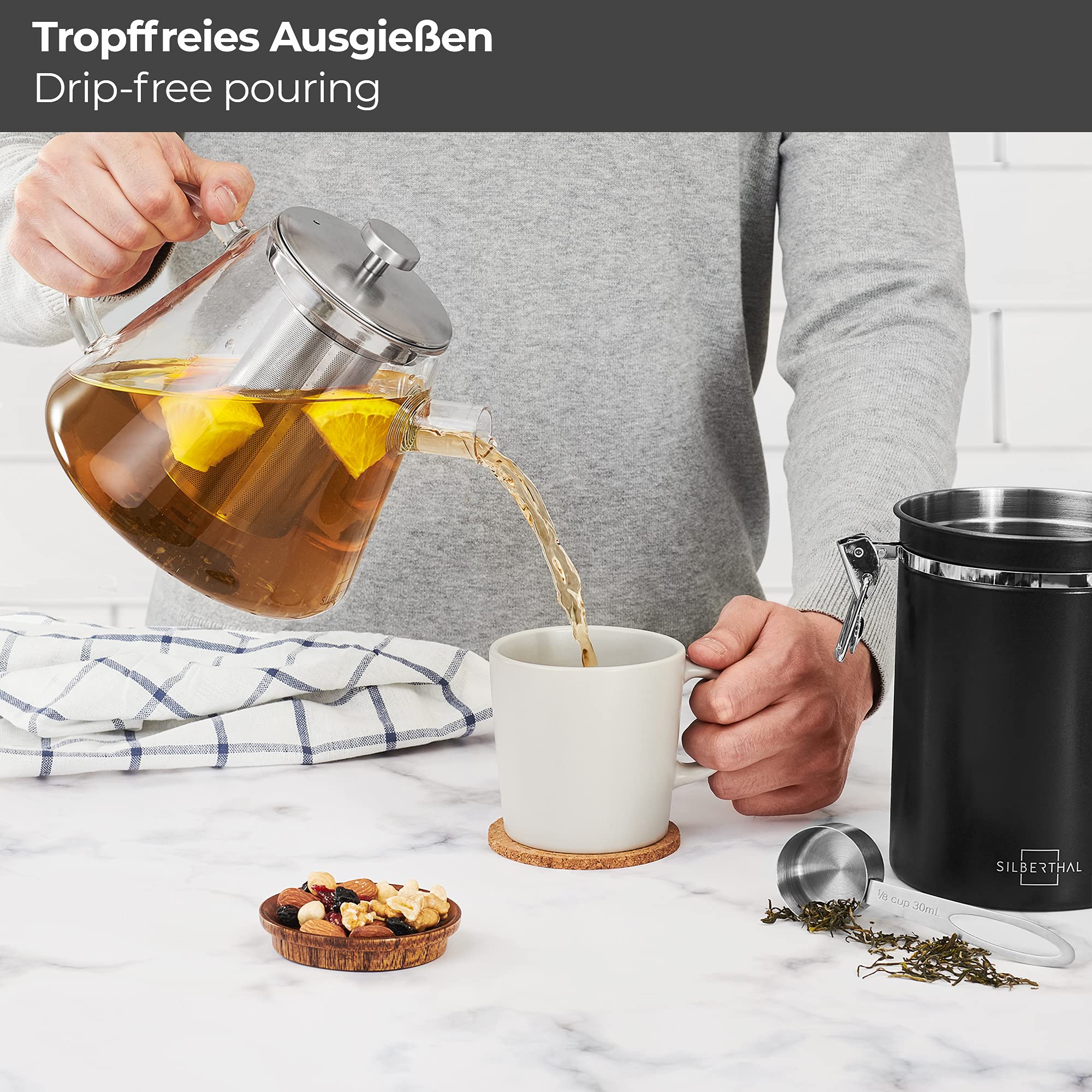 SILBERTHAL 2-in-1 Teekocher & Teekanne Glas mit Siebeinsatz aus Edelstahl - 1,5 Liter - Für alle Herdarten, auch Induktion