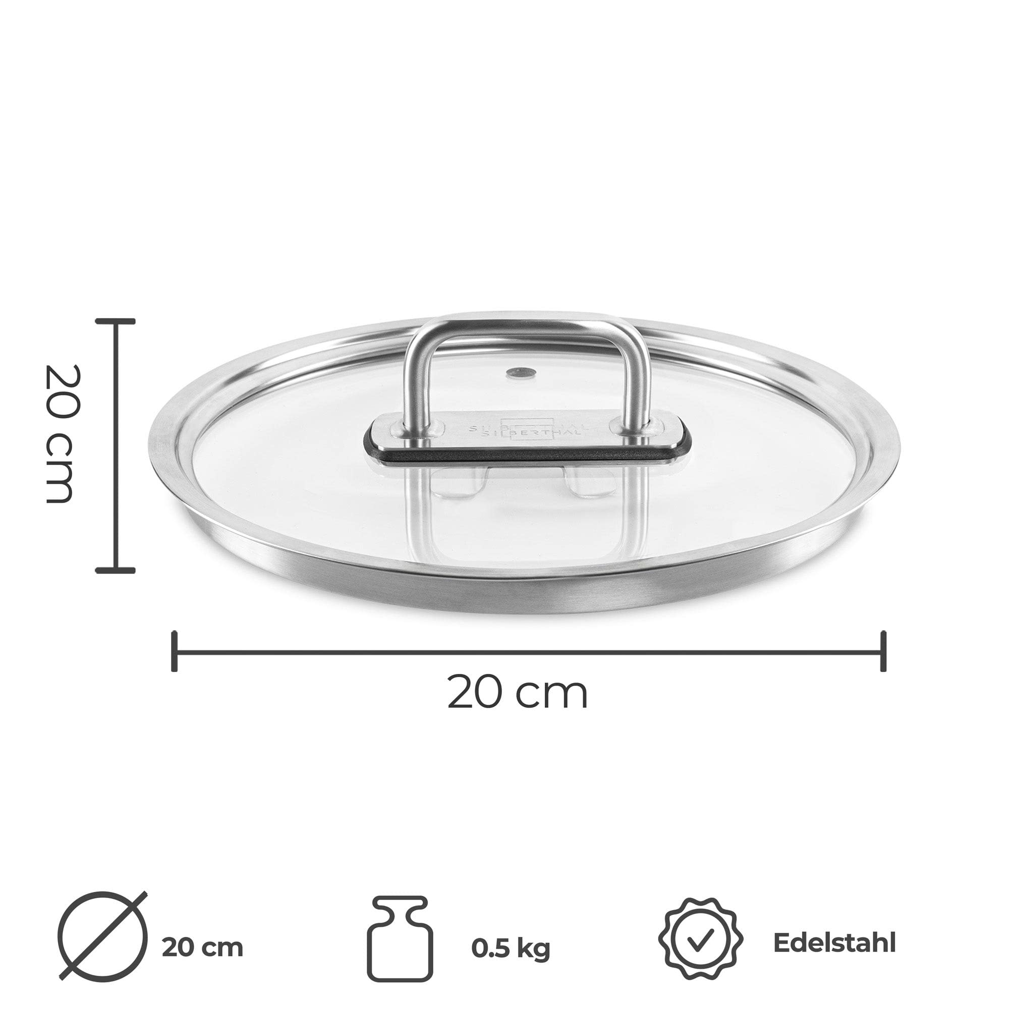 SILBERTHAL Topfdeckel 20cm Glas - Mit Dampfloch und Edelstahl Griff - Universaldeckel