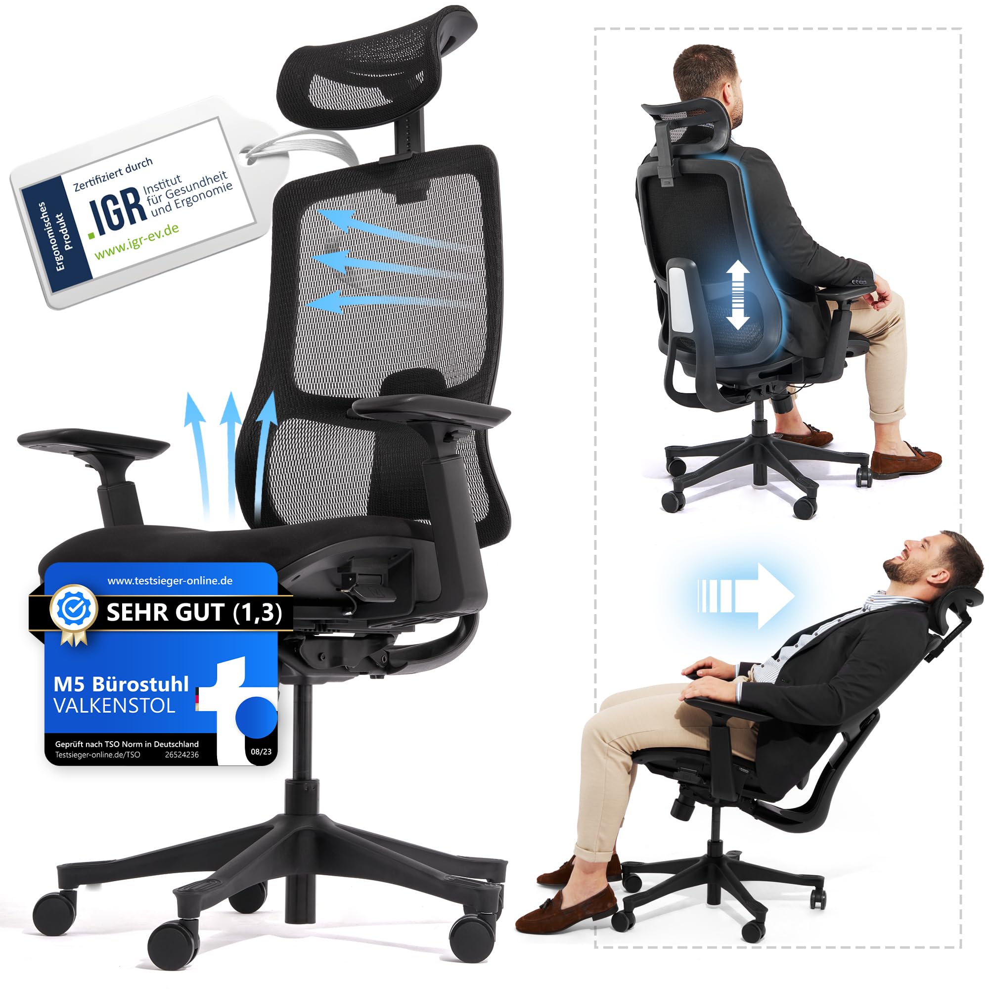 VALKENSTOL M5 Ergonomischer Bürostuhl 150 kg [Höhenverstellbare Rückenlehne, Einstellbare Sitztiefe, Formschaumsitz] Chefsessel Bürostuhl Ergonomisch Ergonomic Office Chair Bürostühle PC Stuhl