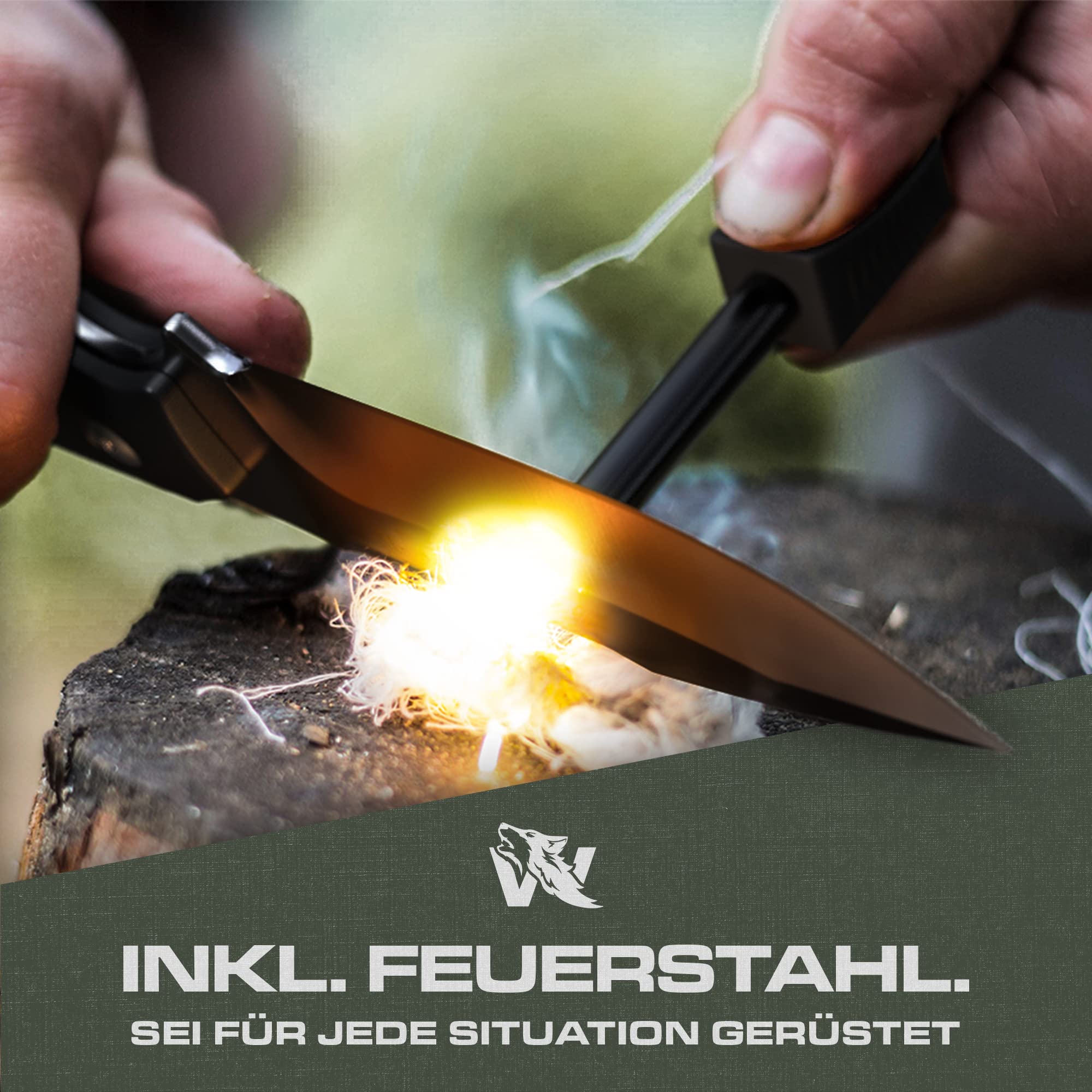 Wolfgangs Outdoor-Messer AMBULO mit Kydex Holster - Edles Jagdmesser aus einem Stück D2 Stahl gefertigt - DAS Bushcraft Messer - Survival Messer inklusive verbessertem Feuer-Starter (Schwarz)