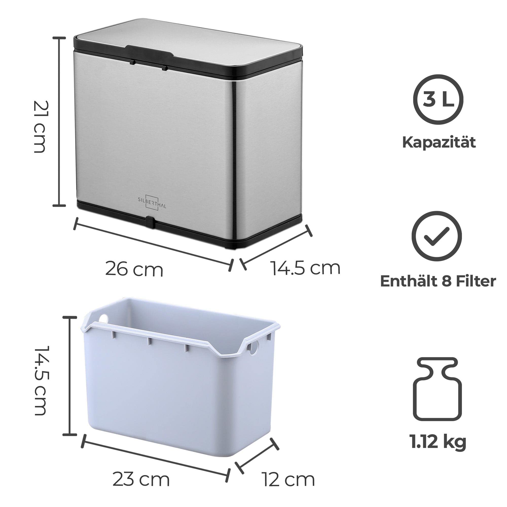 SILBERTHAL Biomülleimer Küche 3L klein - Edelstahl - Mit Deckel - Geruchsarmer Komposteimer für die Küche - Mit Aktivkohlefilter - Innenbehälter spülmaschinenfest