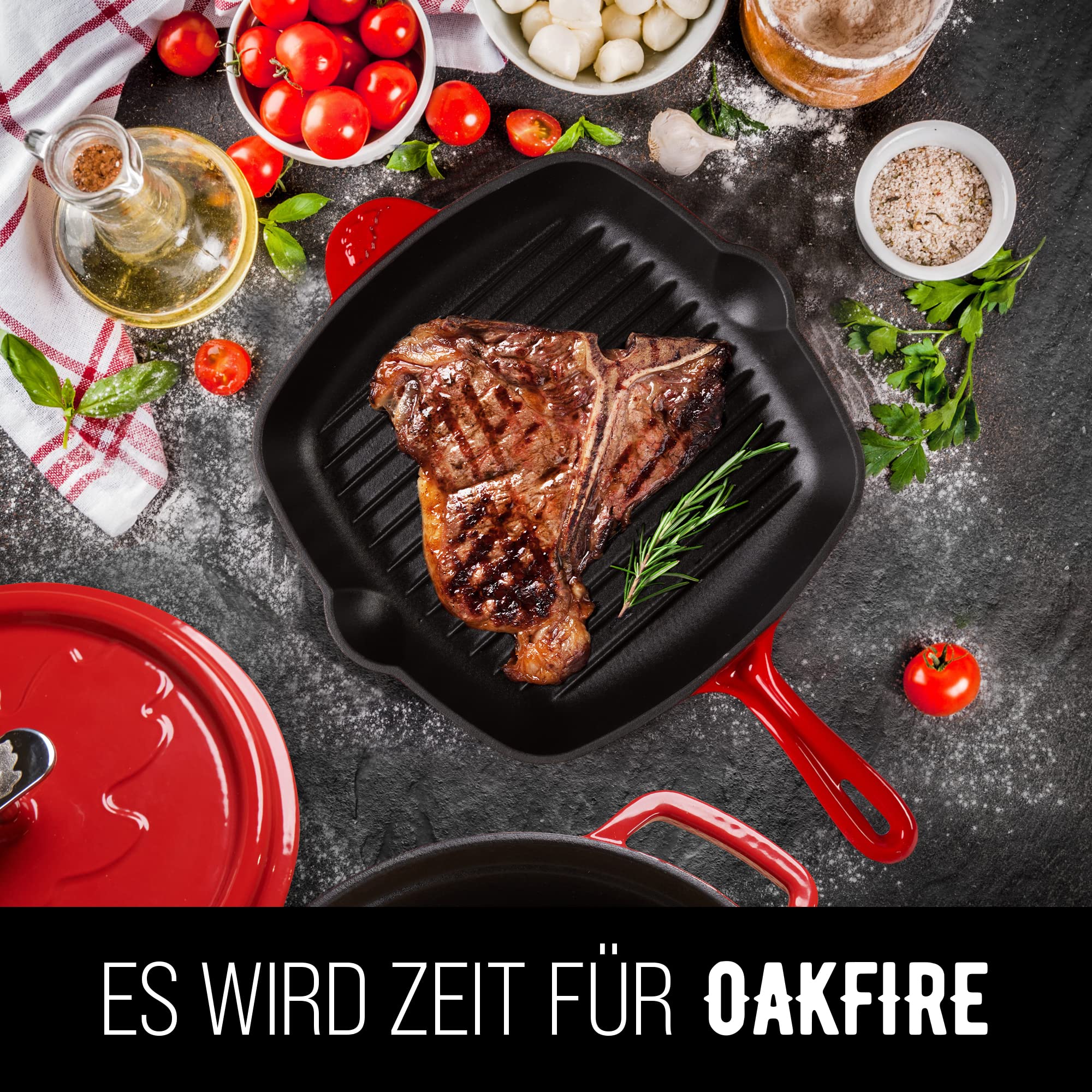 Oakfire Grillpfanne Bratpfanne Gusseisen emailliert 30 cm Induktion Pfanne gusseisern mit Non-Stick Patina, Emaille (Rot)