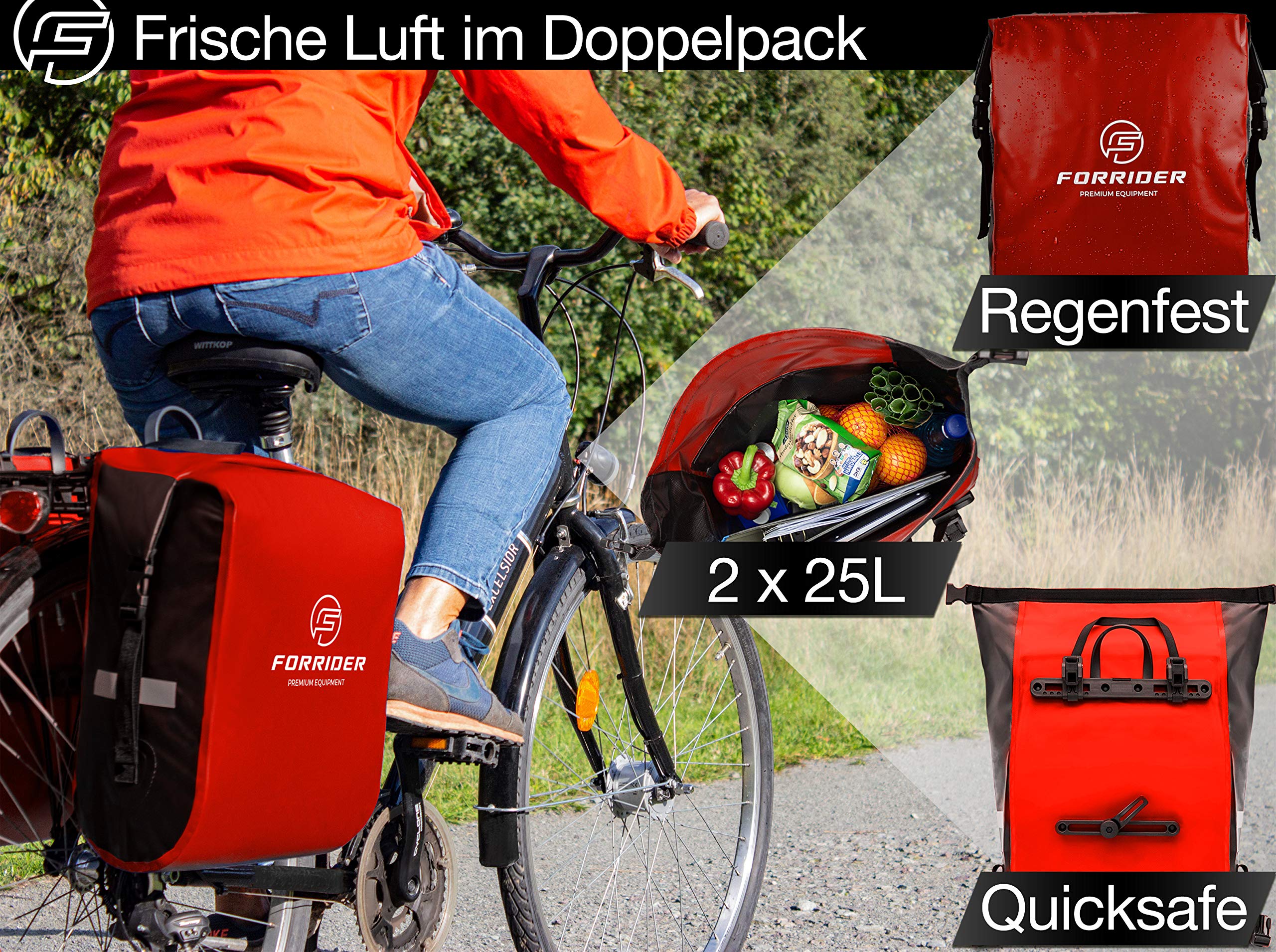 Forrider 2er Set Fahrradtaschen für Gepäckträger Wasserdicht Reflektierend |Blau| Gepäckträgertaschen 50L | Sattel Tasche fürs Fahrrad zum Einkaufen