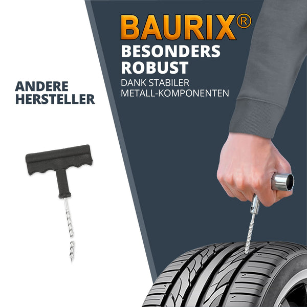 BAURIX® Premium Reifenreparaturset [68-teilig] - Autoreifen Reparaturset - Reifen Reparaturset ohne Reifenwechsel - zuverlässiges Tubeless Reparaturset für jeden Reifen