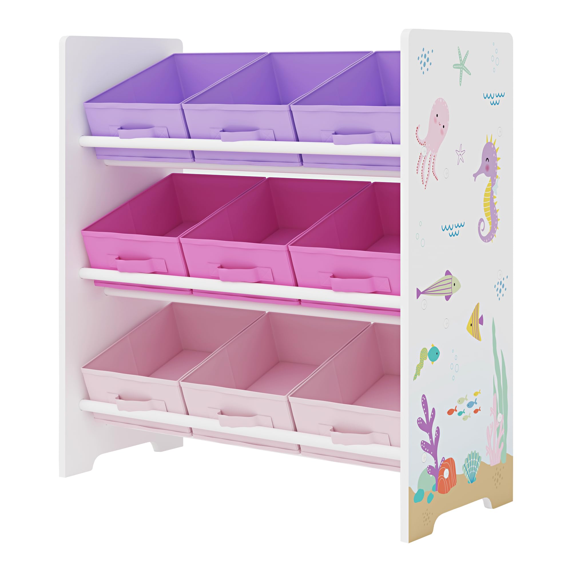 [en.casa] Kinderregal Boiro Kinderzimmerregal stehend mit 9 Faltboxen Ozean-Motiv Spielzeug Aufbewahrungsregal 59,5 x 62 x 29,5 cm Weiß/Lila/Rosa