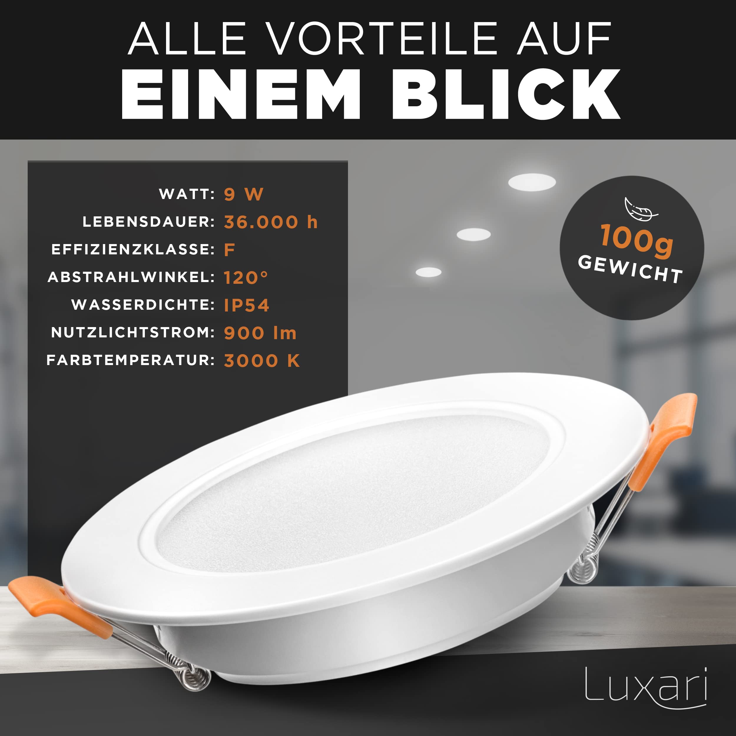 Luxari LED Einbaustrahler 230V flach − Strahlende LED Einbauleuchten [6er Set 8W] − Bad LED Spot [3000K warmweiß] − Deckenstrahler − IP54