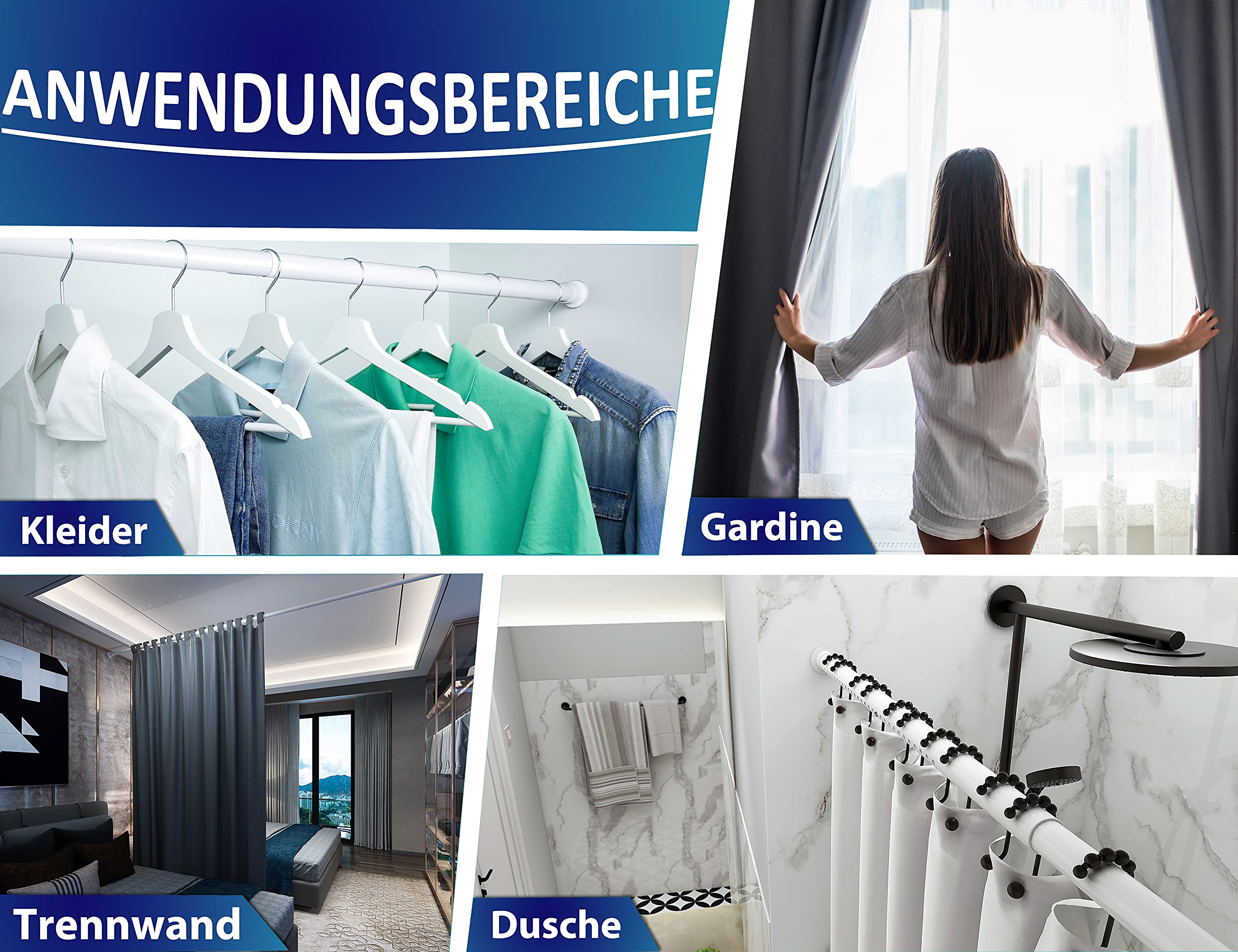 MEISENBERG Rostfreie Duschvorhangstange ohne Bohren 70-110cm, Ø32mm Weiße Ausziehbare Teleskopstange zum Klemmen - Garderobenstange Duschstange & Kleiderstange - für ihre Garderobe und Dusche