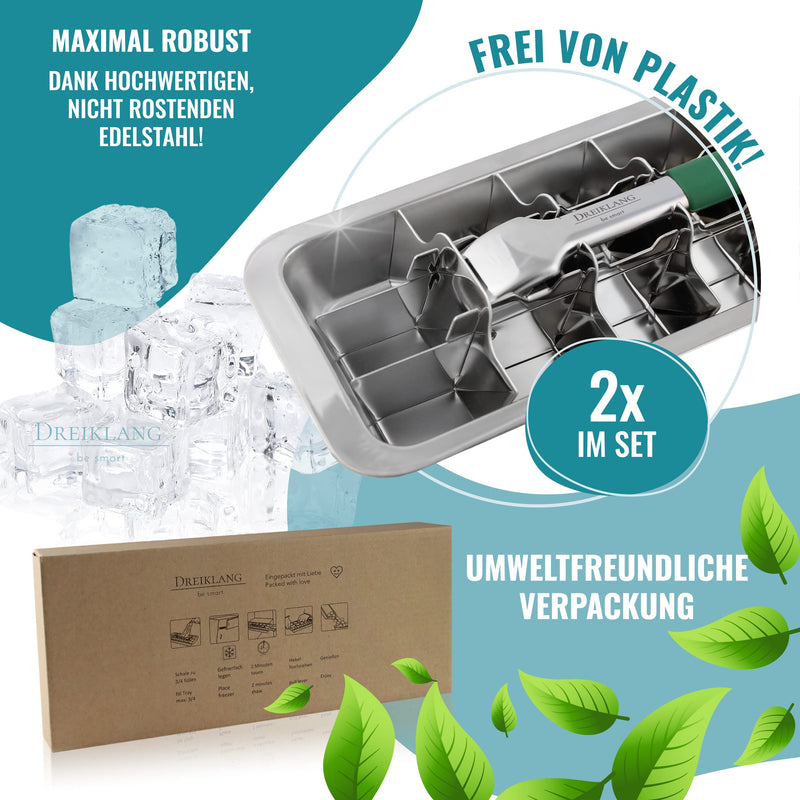 Dreiklang - be smart® 2er Spar Set Polierte 18/8 Edelstahl Eiswürfelform mit Hebeleinsatz für müheloses Entnehmen I kälteschonenden Komfortgriff I Lebensmittelecht & langlebige Eiswürfel-Form