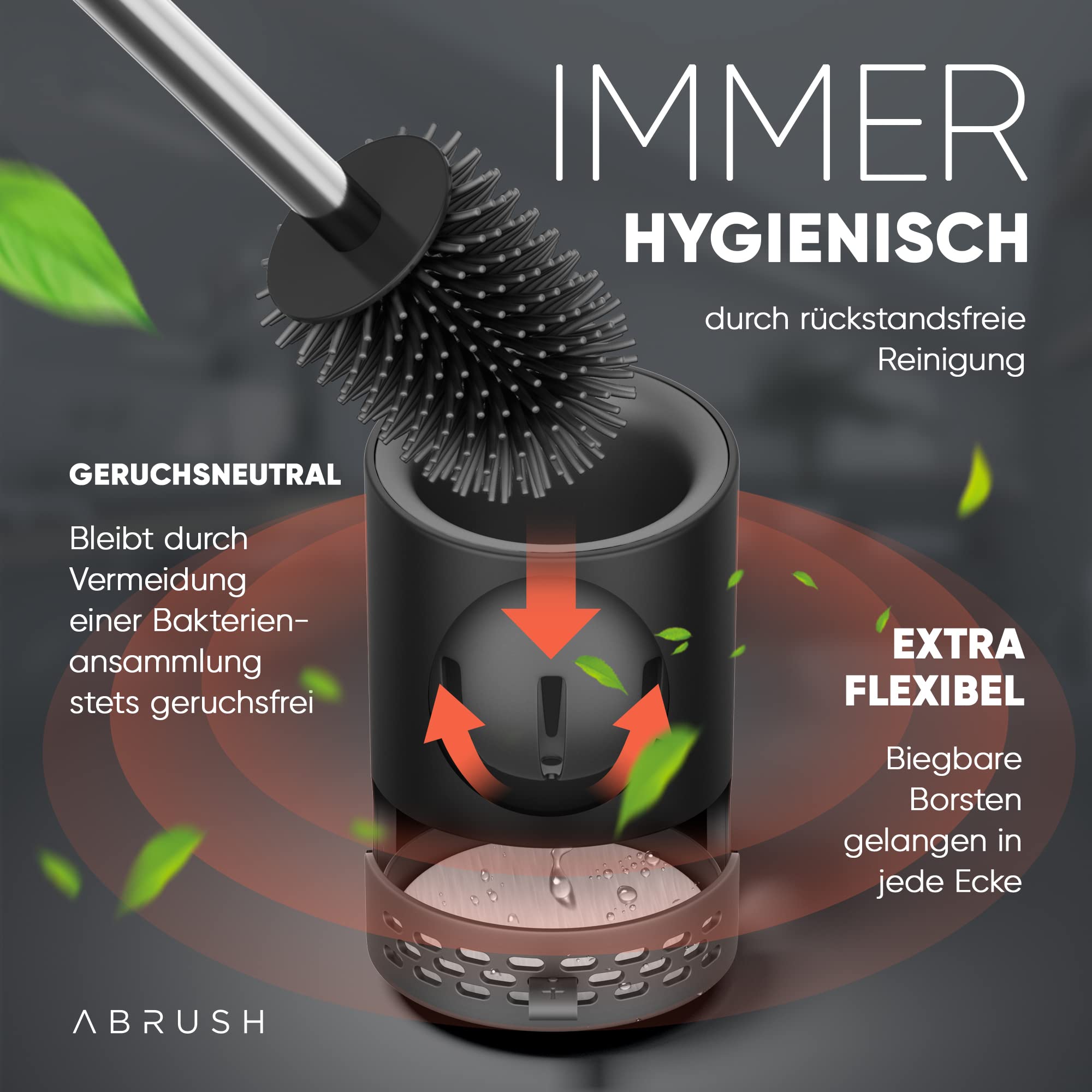 Abrush hochwertige Klobürste aus Silikon - Premium Klobürste für eine saubere und hygienische Toilette - Toilettenbürstenhalter in schwarz/grau mit Wandhalterung