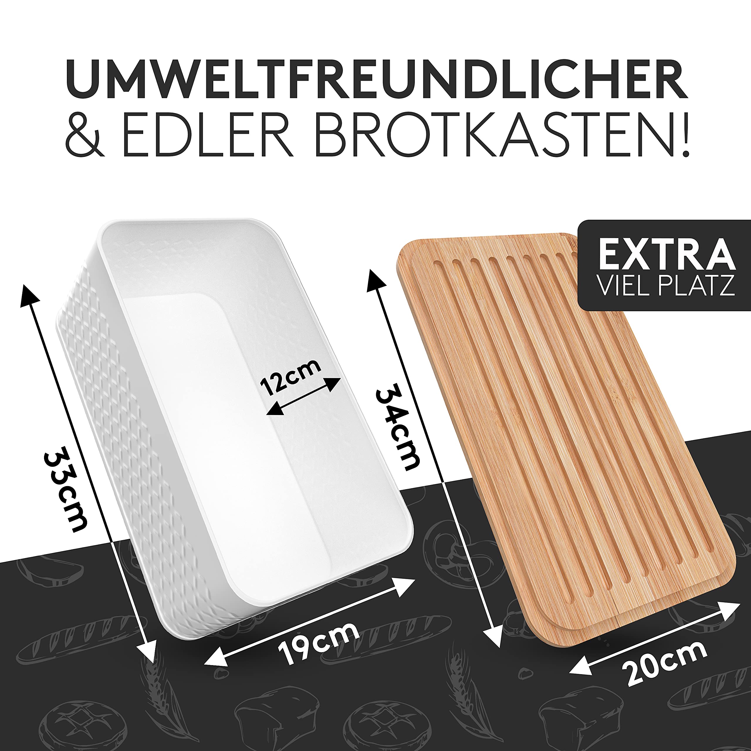 DIVARØ Brotkasten – Brotbox mit Bambusdeckel [2in1 Funktion] – Aus Karbonstahl für lange Frische – Nachhaltiger Brottopf – Brotbehälter & Brotsack – Brotkorb mit praktischem Schneidebrett –33x19x12cm