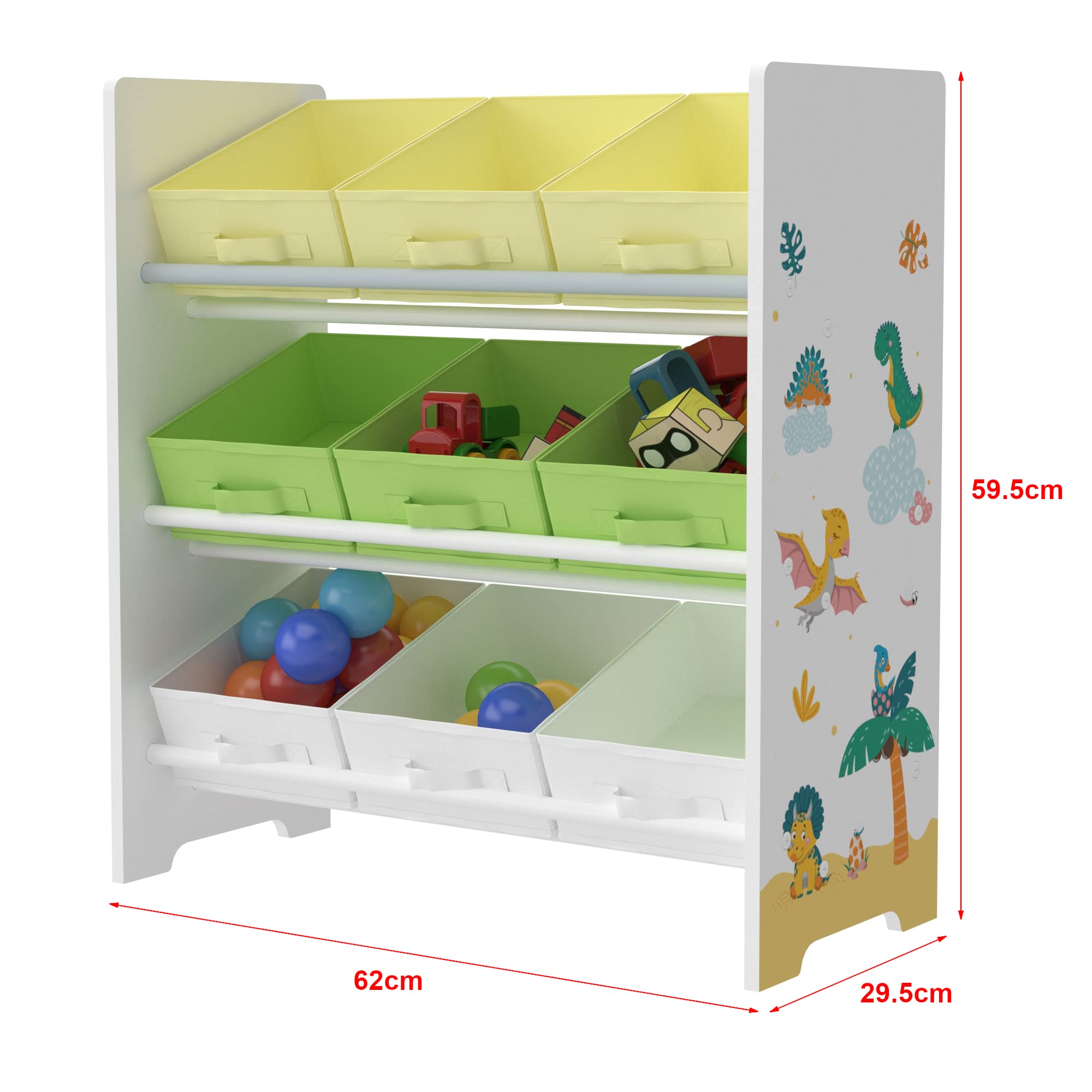 [en.casa] Kinderregal Boiro Kinderzimmerregal stehend mit 9 Faltboxen Dinosaurier-Motiv Spielzeug Aufbewahrungsregal 59,5 x 62 x 29,5 cm Weiß/Grün/Gelb