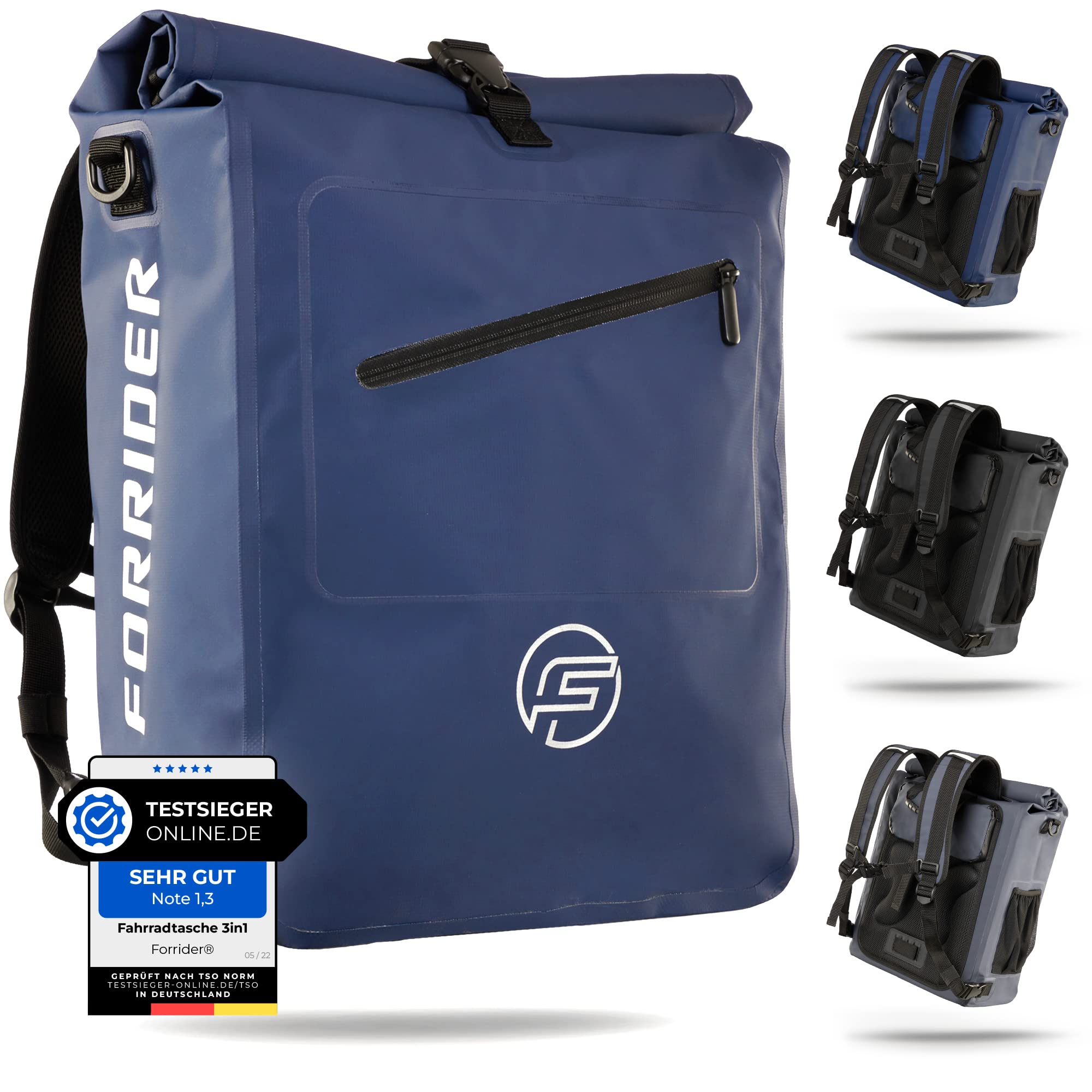 Forrider 3in1 Fahrradtasche für Gepäckträger mit Rucksack Wasserdicht 27L I Gepäckträgertasche Reflektierend I Sattel Tasche fürs Fahrrad (Blue)