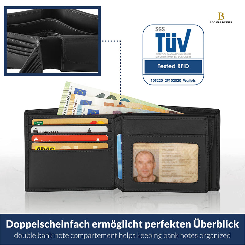 RFID Geldbeutel Herren Leder mit TÜV geprüftem RFID Schutz - Portemonnaie Herren klein - RFID Geldbörse Herren Leder mit 13 Kartenfächern - LOGAN & BARNES - Modell Berlin