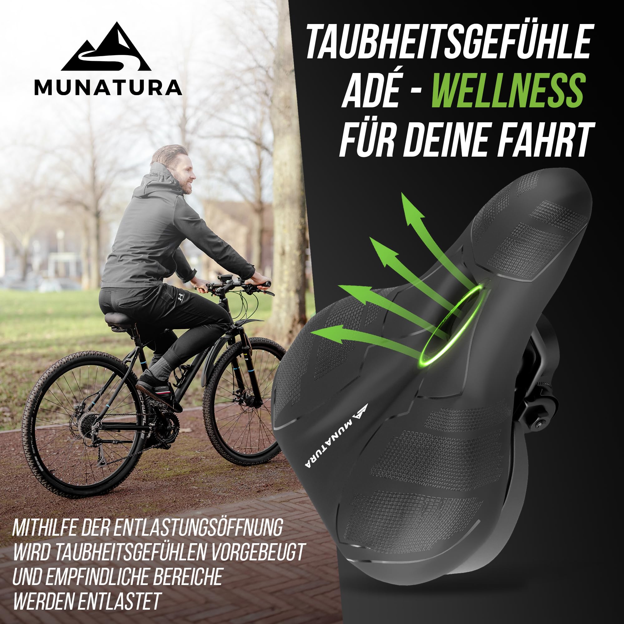 MUNATURA Fahrradsattel mit Memory Foam und Federung – Fahrradsattel Herren bequem – Ergonomischer und Wasserdichter Fahrrad Sattel - Fahrradsattel Damen