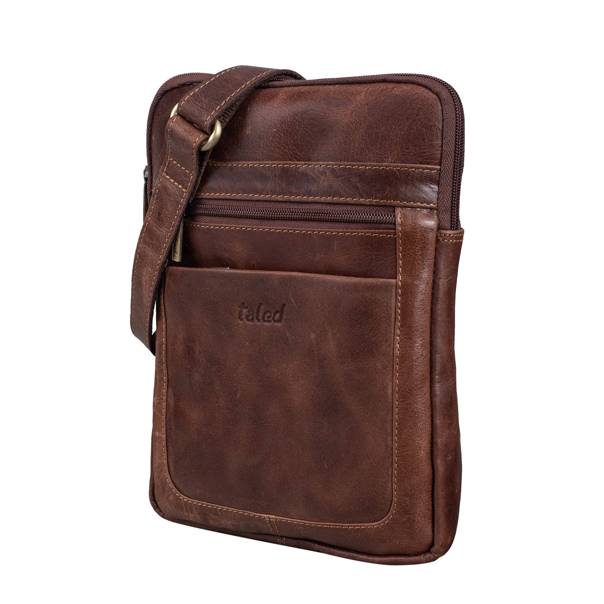 TALED Leder Umhängetasche Herren & Damen I Messenger Bag mit Schultergurt I Schultertasche I Arbeitstasche I Tragetasche I Handtasche I Echtleder Tasche I Vintage Cognac