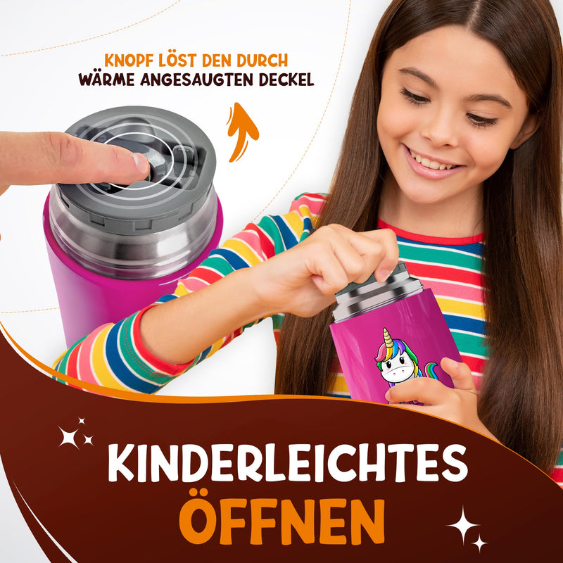 FUNKELFUCHS® Thermobehälter für Essen Kinder – 500ml, Pink Einhorn – 100% auslaufsicher - Warmhaltebehälter Essen Edelstahl – Thermobecher Essen – Thermo Lunchbox Kinder – Warmhaltebehälter Babybrei