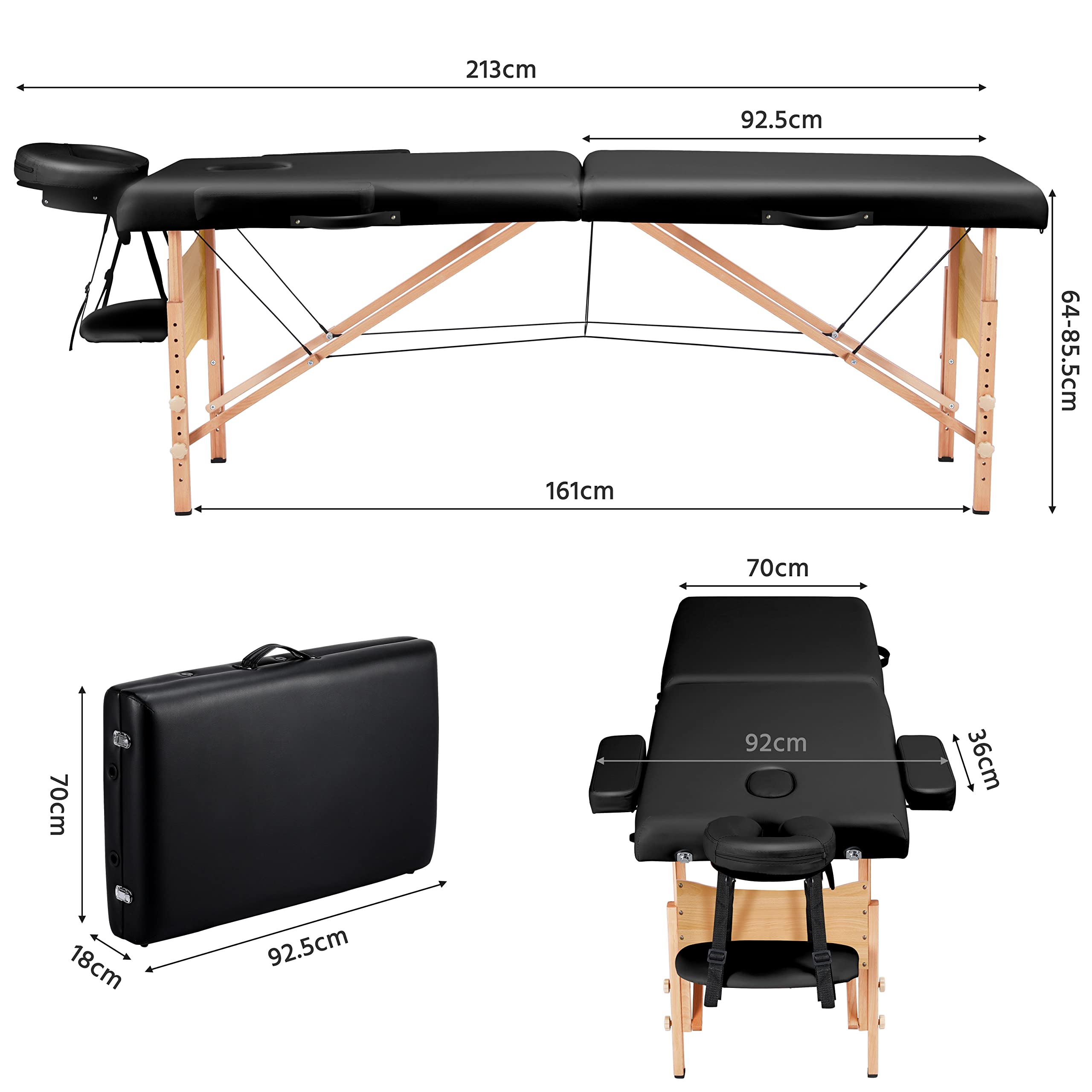 Yaheetech Mobile Massagelige 2 Zonen Massagetisch mit Holzfüßen und Tragetasche Höhenverstellbare Massagebank Klappbare Kosmetikliege 70 cm Breit, Schwarz