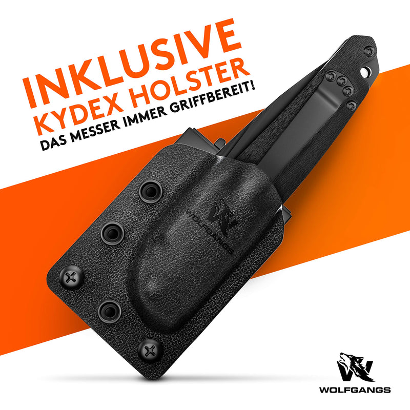 Wolfgangs NIGRUM Zweihandmesser Klappmesser aus feinstem D2 Stahl - Legales Taschenmesser Klappmesser - Rebustes Outdoor Messer Survival - Klappmesser Outdoor inkl. Kydex Holster (Full Black)