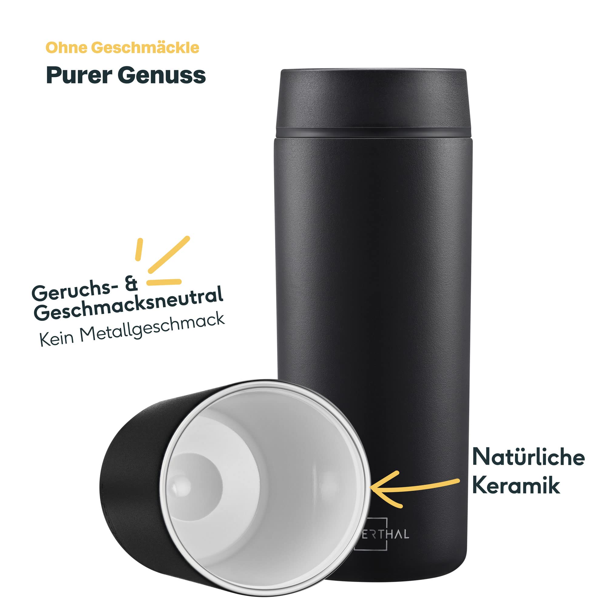 SILBERTHAL Thermobecher 350ml Edelstahl – Auslaufsicherer Kaffeebecher to go mit Keramik – Coffee Cup in Schwarz - Bis zu 6h warm und 12h kalt