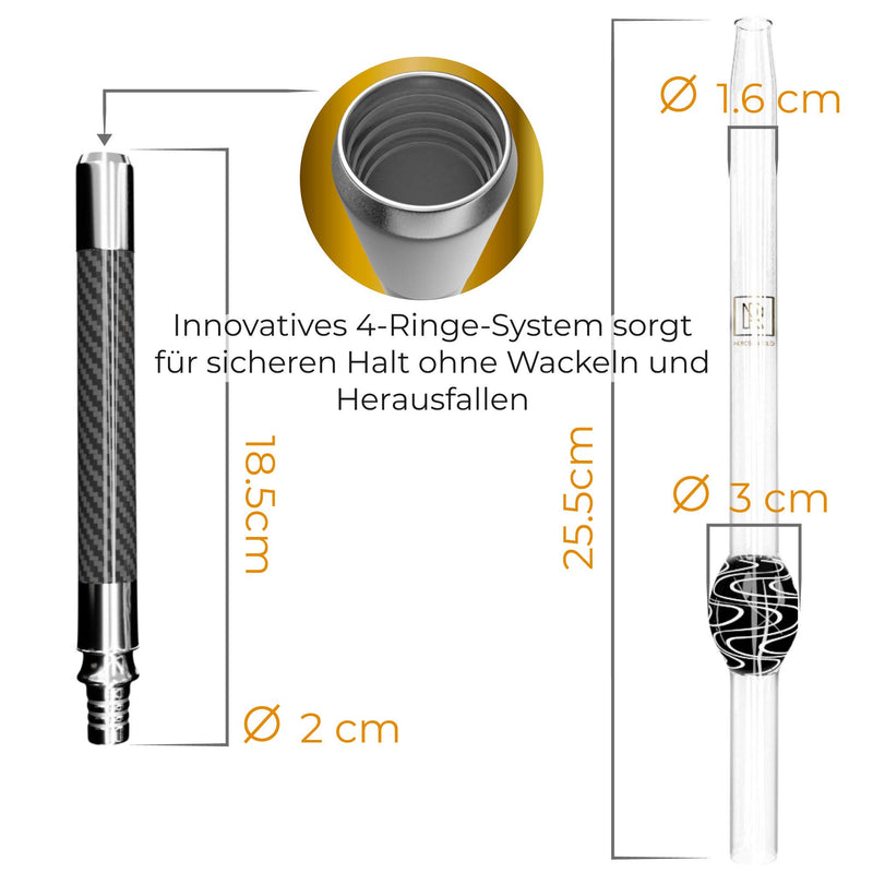 M.ROSENFELD Shisha Mundstück Glas Carbon mit Steckverbindung - Glasmundstück Mundgeblasen mit Edler Verzierung extra dick (2cm), 43cm lang - Universal Passend