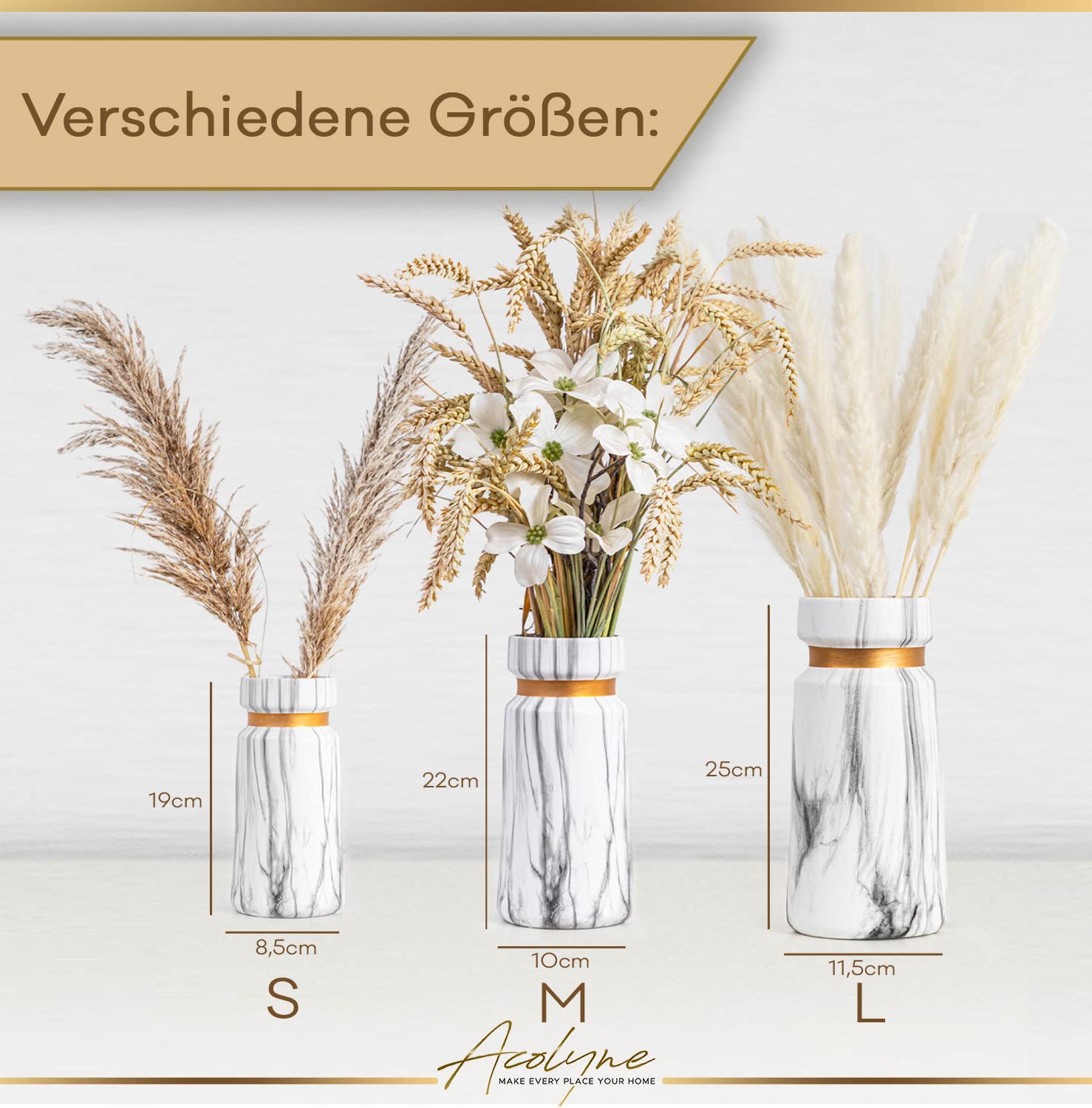 𝐀𝐜𝐨𝐥𝐲𝐧𝐞® Vase für Pampasgras aus Hochwertiger Keramik [MIT REINIGUNGSSCHWAMM & EBOOK] als Moderne Blumenvase in Weiß-Gold | Bodenvase Groß in Marmor-Optik | Vase Weiß