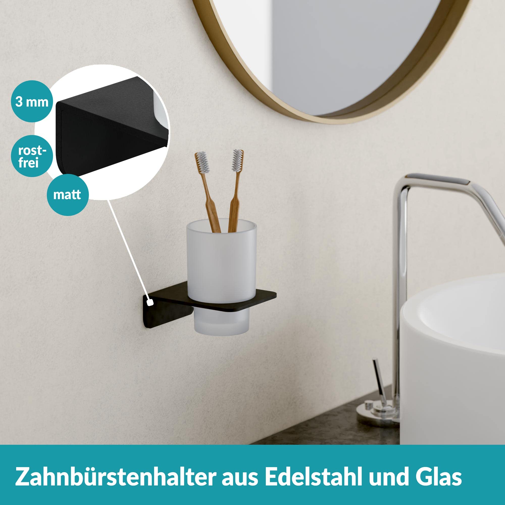 WEISSENSTEIN Zahnputzbecher ohne Bohren | Becher und Zahnputzbecherhalter zum Kleben an der Wand | Edelstahl Halterung und Glas weiß | in Schwarz Matt