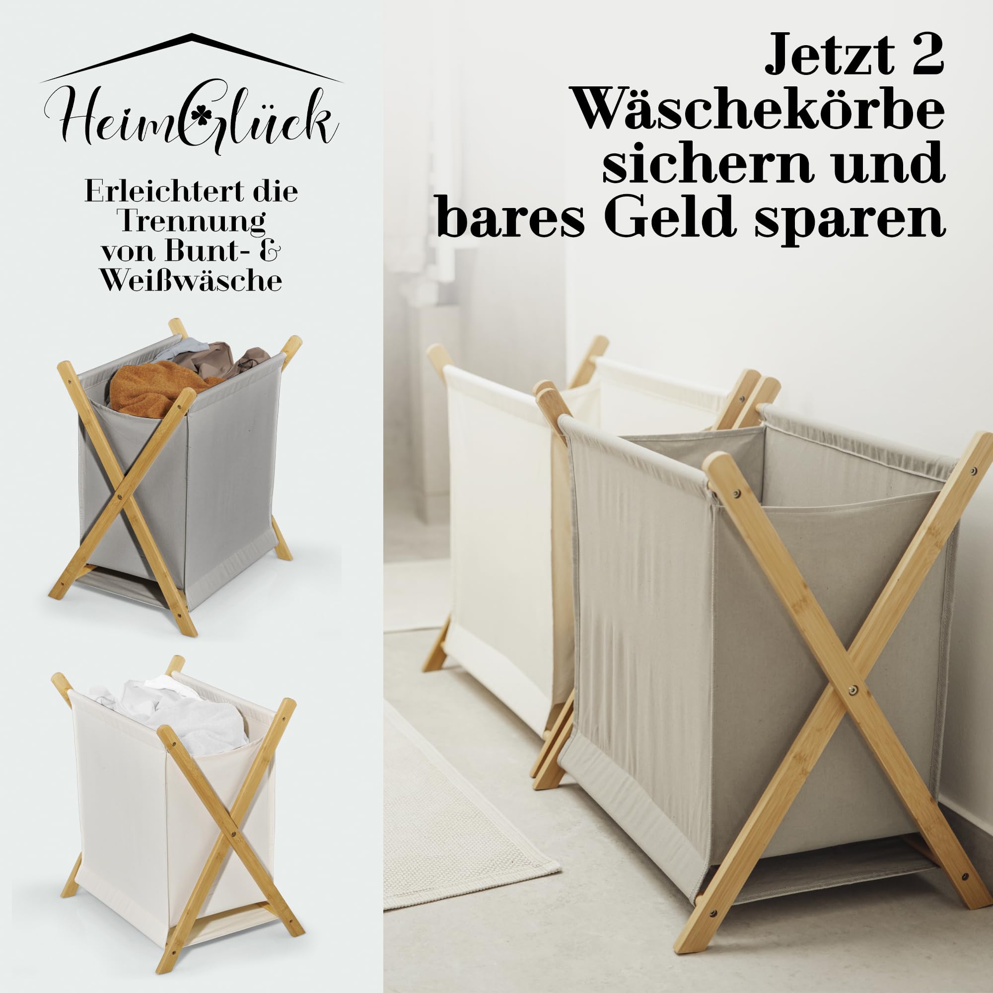 HeimGlück Wäschekorb - Wäschesammler beige [60l Halbleinen-Bambus Wäschekorb faltbar] nachhaltiger Wäschekorb klappbar, Wäschesortierer, Wäschetrenner, Wäschebox, laundry organizer | jetzt anschauen