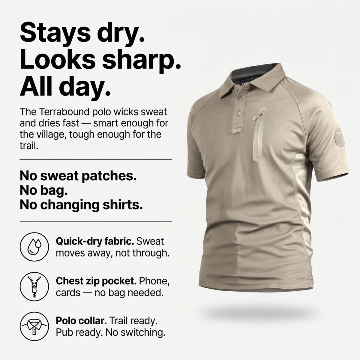 Herren Schnelltrocken-Poloshirt – Reißverschlusstasche, Outdoor