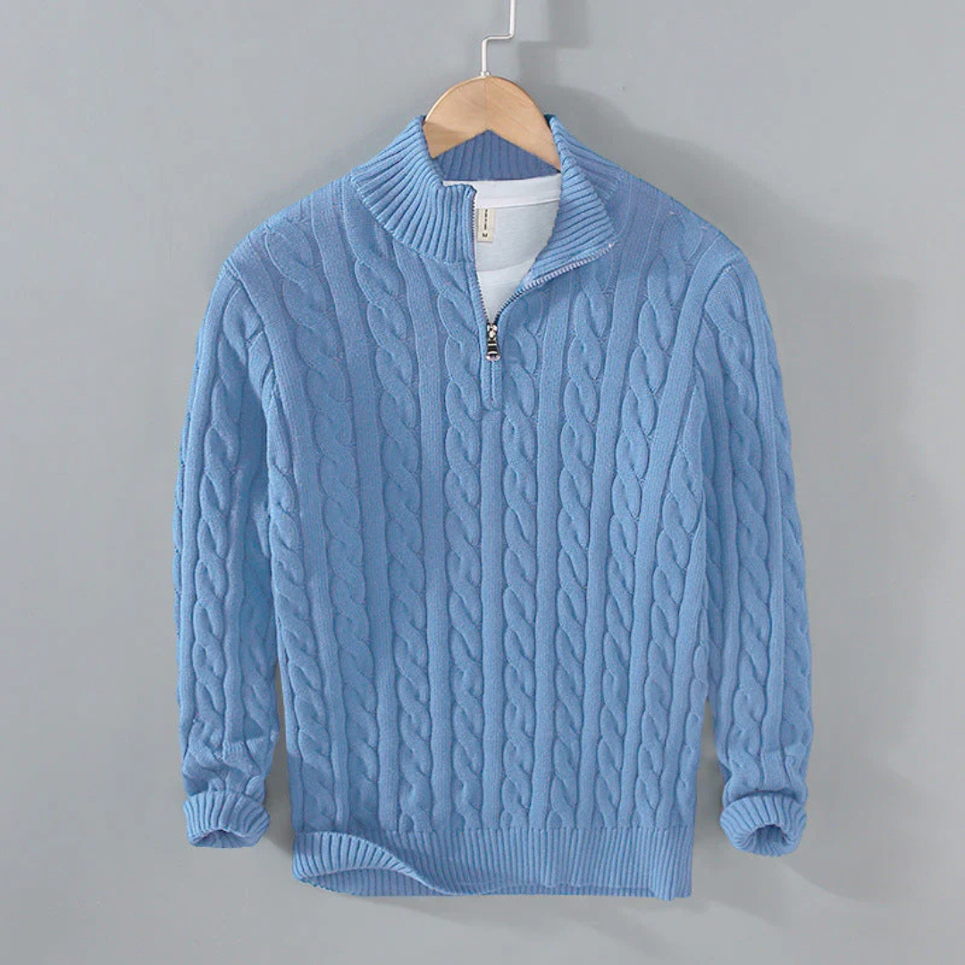 Pullover mit Zopfmuster & Stehkragen-Reißverschluss 100% Cotton – NordicClassic Knit