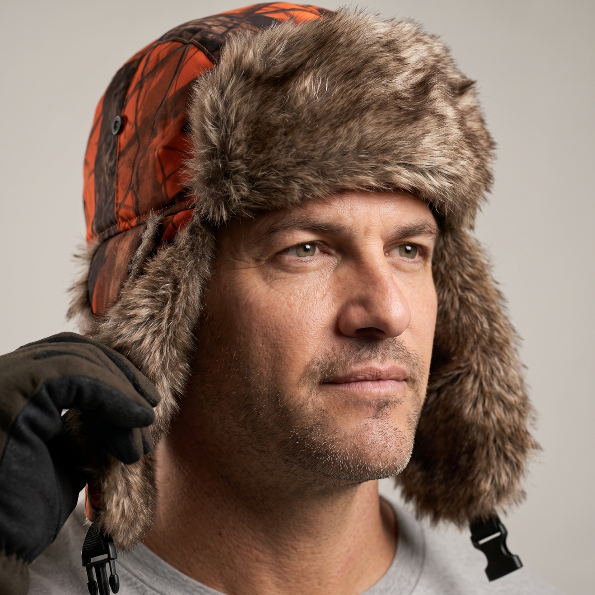 Camouflage Trapper-Mütze – Kunstpelz-gefüttert mit Ohrenklappen und Kinnriemen