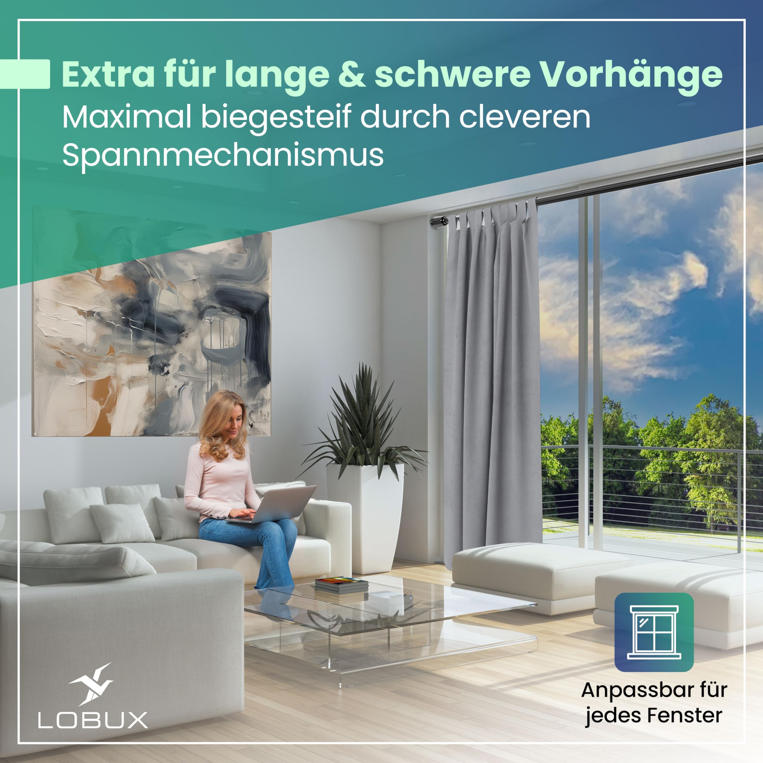 LOBUX® - Gardinenstange ohne bohren [schwarz, 110-250cm] – Teleskopstange Vorhang ausziehbar – Duschstange ohne bohren – Vorhangstange, Duschvorhangstange, Kleiderstange, Klemmstange Katzennetz