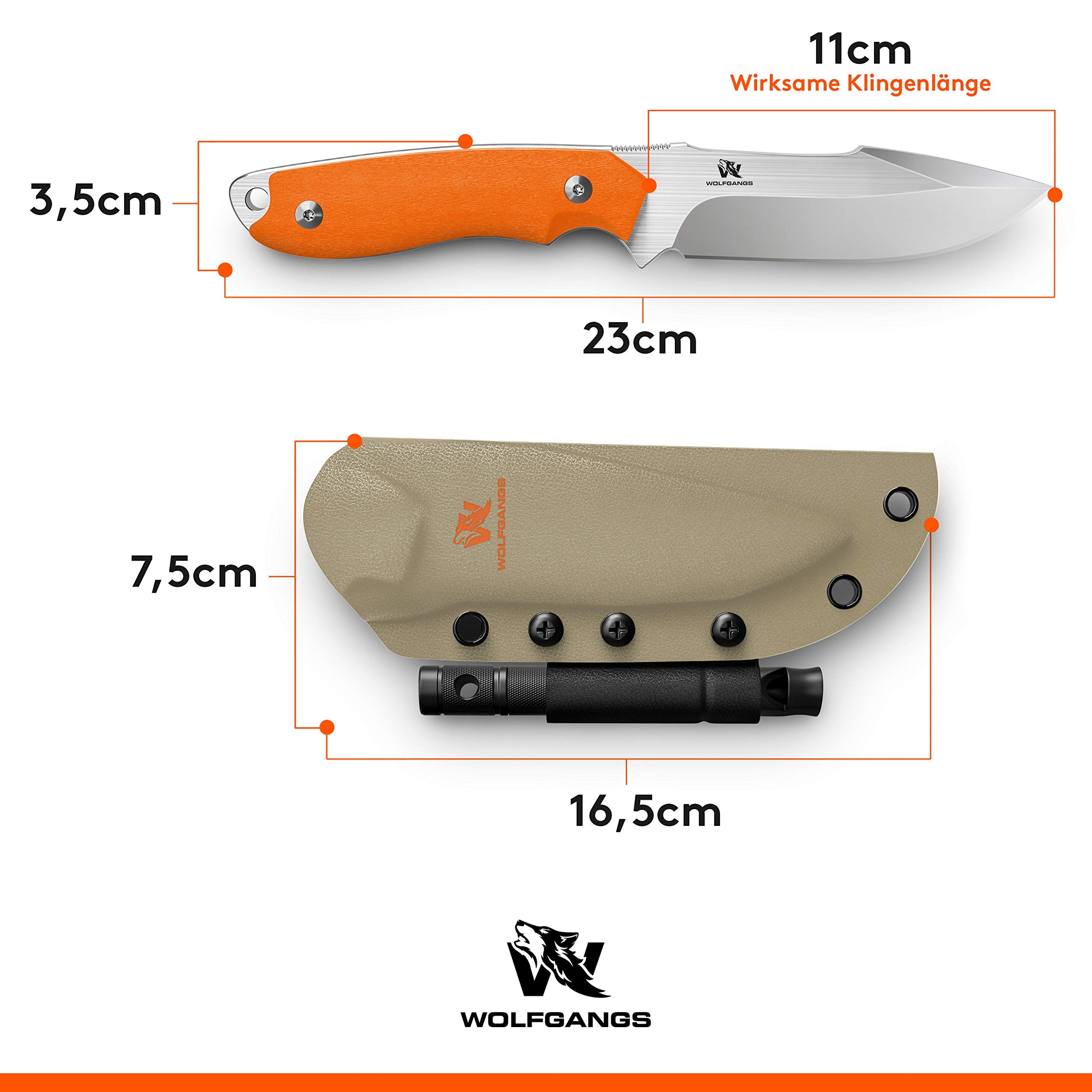 Wolfgangs AMBULO Outdoor-Messer mit Kydex Holster - (Orange)