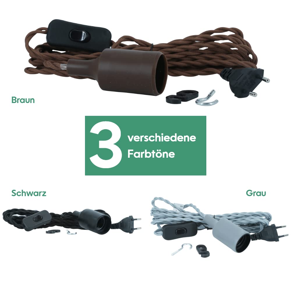 Parus by Venso E27 Lampenfassung Helix 4m Textilkabel Schwarz, Eurostecker, Venso Ecosolutions Lampenfassung E27 mit Kabel für E27 LED Lampe, Bulb Holder, Kabel für Lampe, Fassung E27