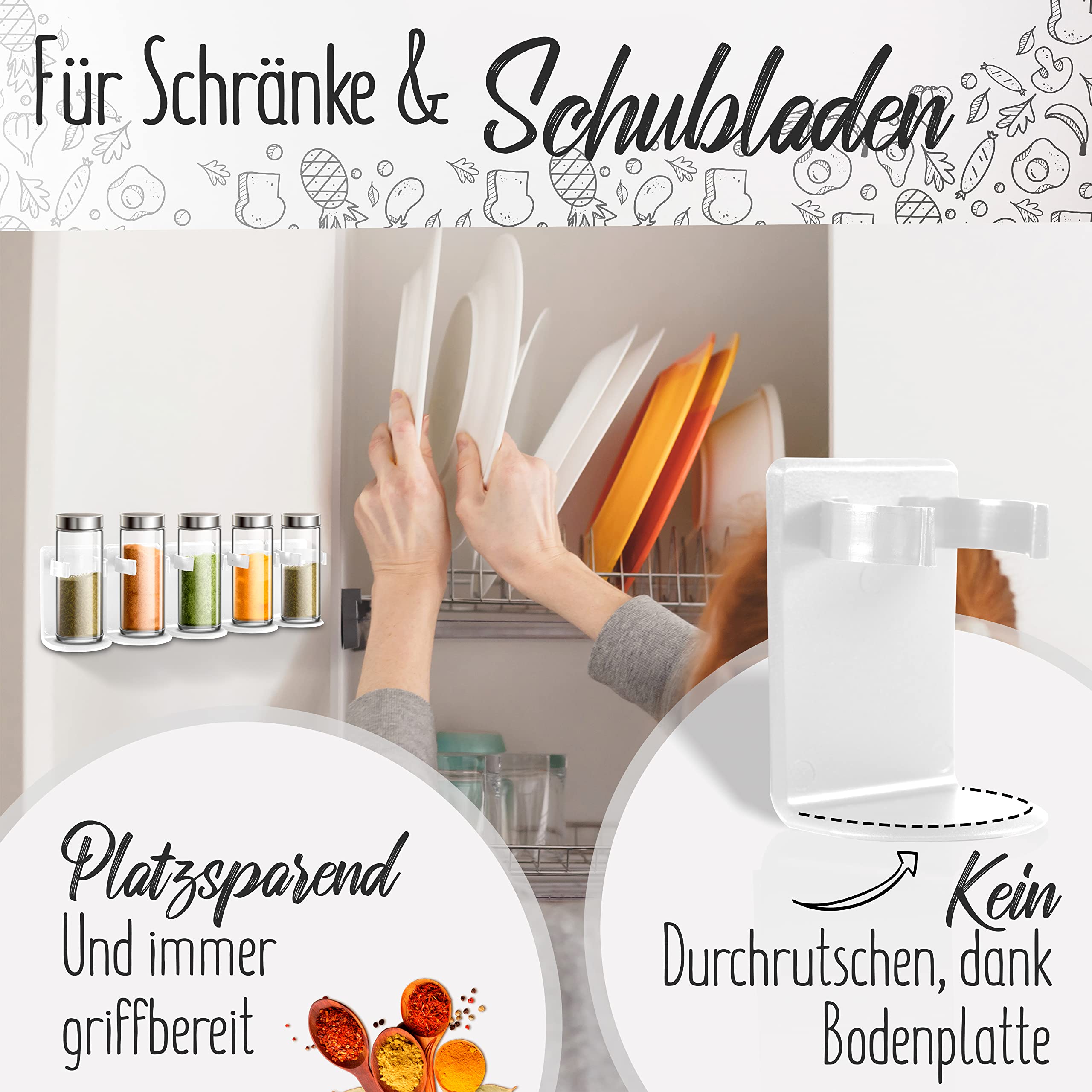 LOBUX® - Gewürzregal ohne bohren [Platz für 20 Gewürze] - Küchenschrank Gewürzhalter selbstklebend - Ideal für Küche, Wand, Schranktür, Wohnmobil (ohne Gläser, weiß)