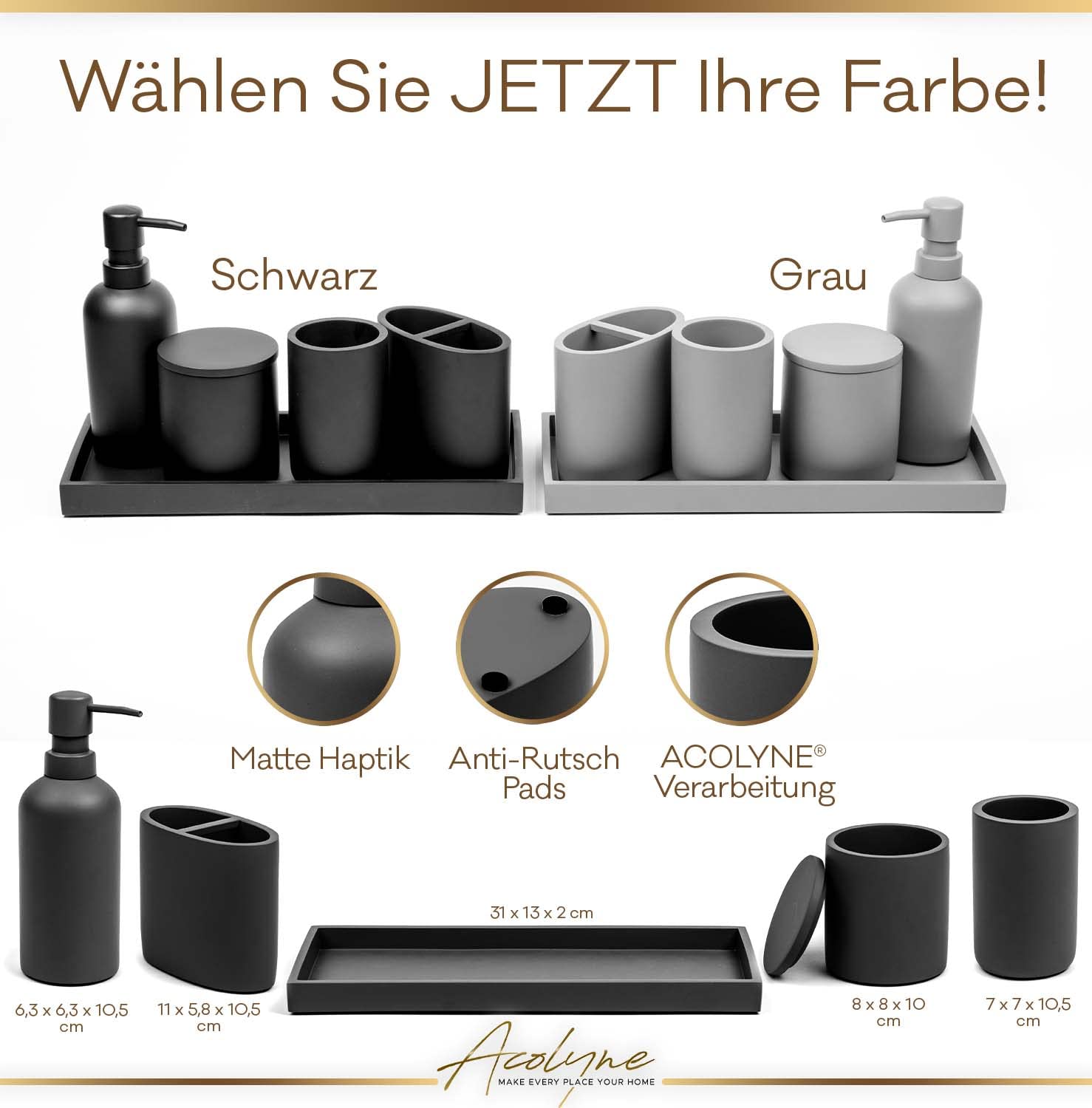 𝐀𝐜𝐨𝐥𝐲𝐧𝐞® Premium 5-teiliges Badezimmer Set aus [Hochwertigem Harz] als Bad Accessoires | Seifenspender oder Organizer | Zahnputzbecher | Zubehör