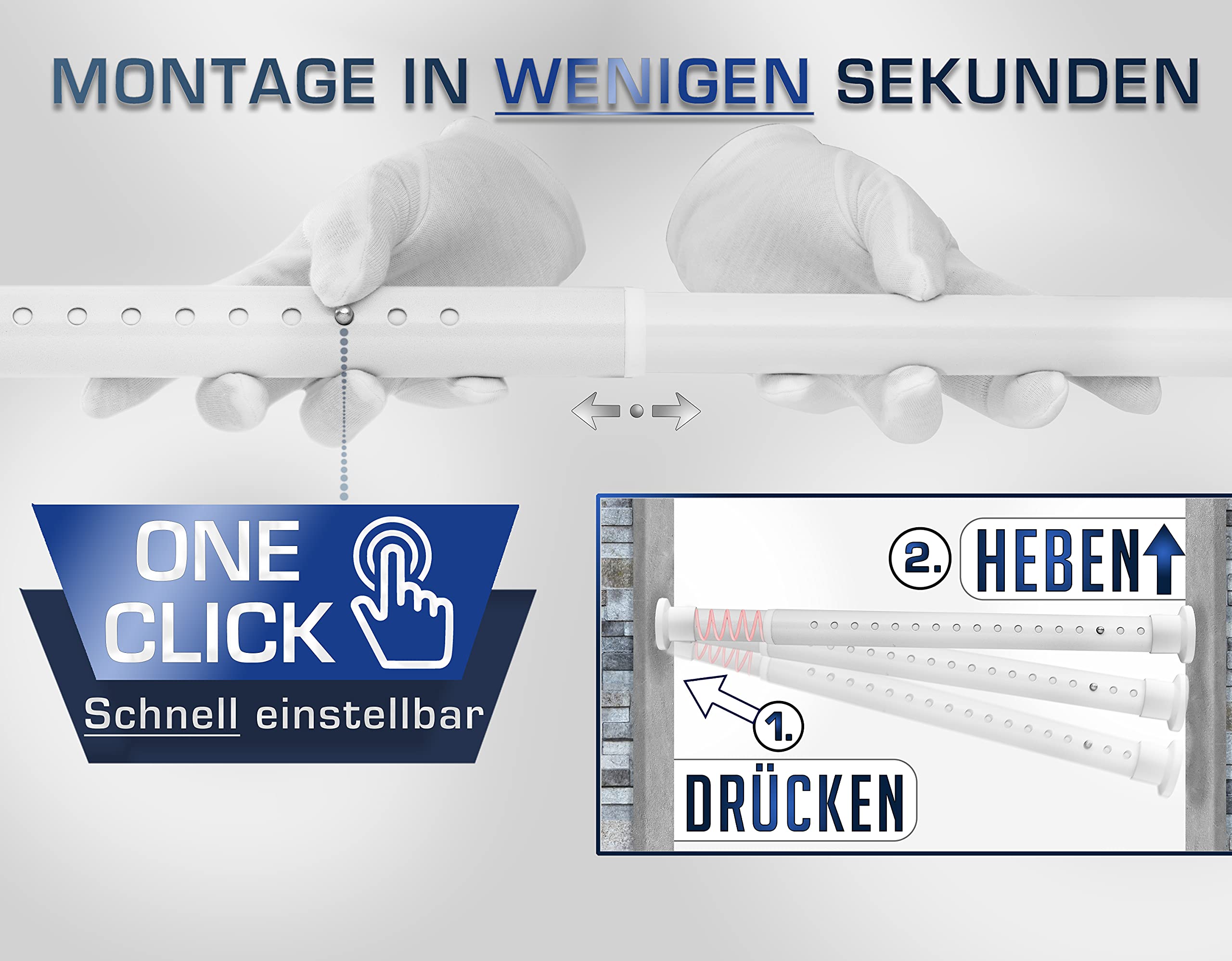 MEISENBERG Duschvorhangstange ohne Bohren 110-160cm, Ø32mm weiße Klemmbare Rostfreie Vorhangstange Ausziehbar - Teleskopstange, Duschstange & Kleiderstange - für ihre Garderobe und Dusche