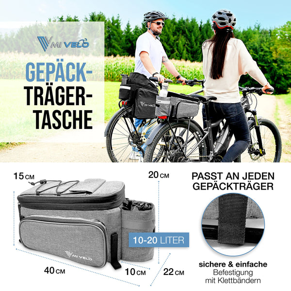 MIVELO - Fahrradtasche für Gepäckträger - Gepäckträgertasche Fahrrad - erweiterbar auf 20L - wasserabweisend - 20L grau