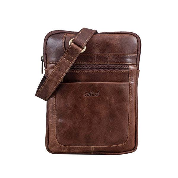 TALED Leder Umhängetasche Herren & Damen I Messenger Bag mit Schultergurt I Schultertasche I Arbeitstasche I Tragetasche I Handtasche I Echtleder Tasche I Vintage Cognac