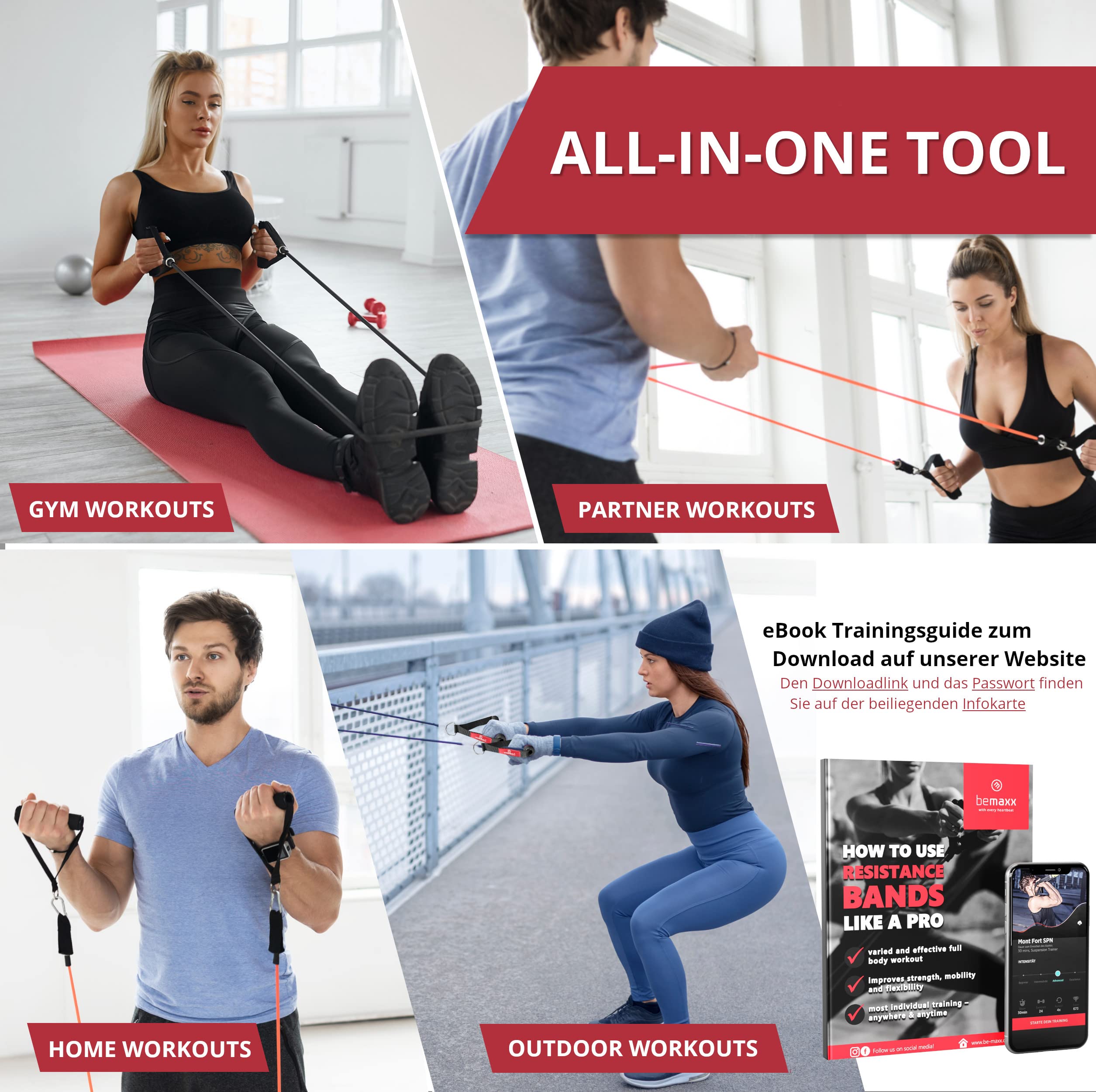 Resistance Bands Set mit Trainings-eBook - Expander Tubes Bänder- Widerstandsbandset: 5 Widerstandsbänder, Griffe, Türanker, Fußschlaufen | Fitnessband Fitness