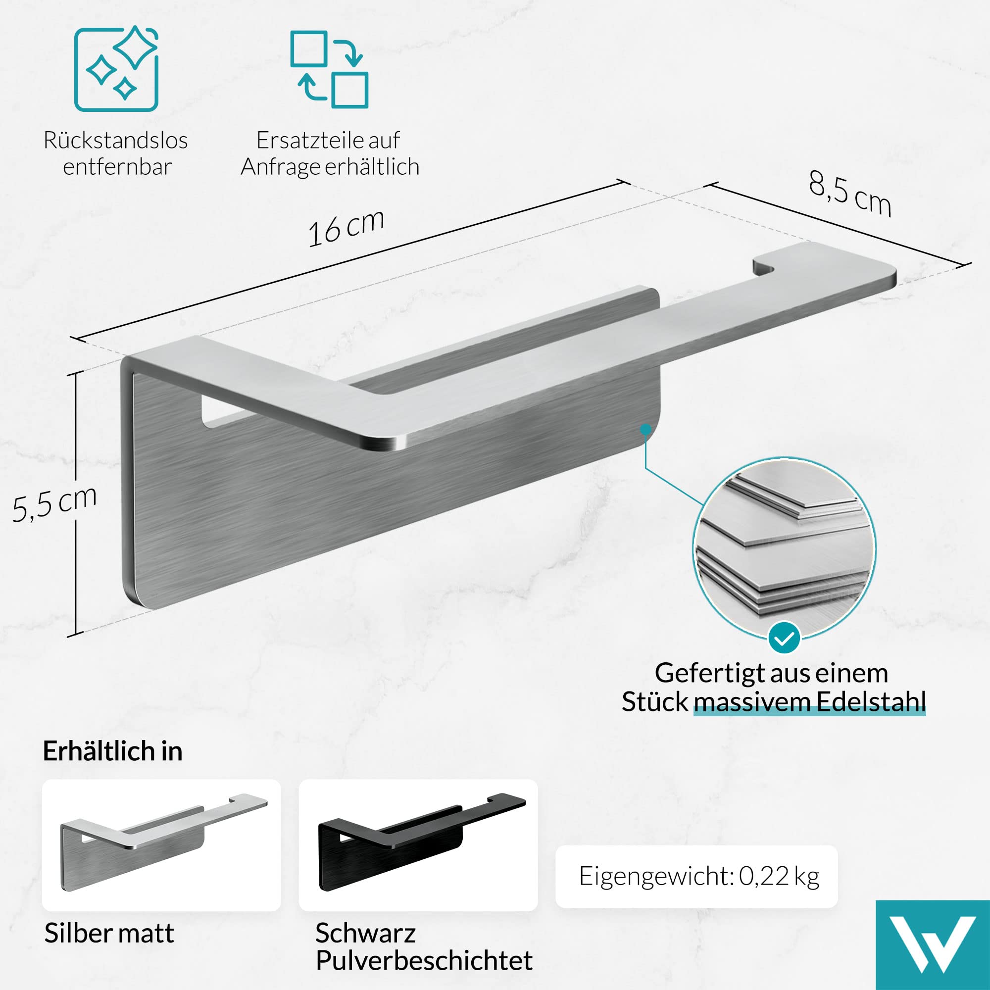 WEISSENSTEIN Toilettenpapierhalter Edelstahl ohne Bohren - WC-Rollenhalter selbstklebend - 16 x 5,5 x 8 cm