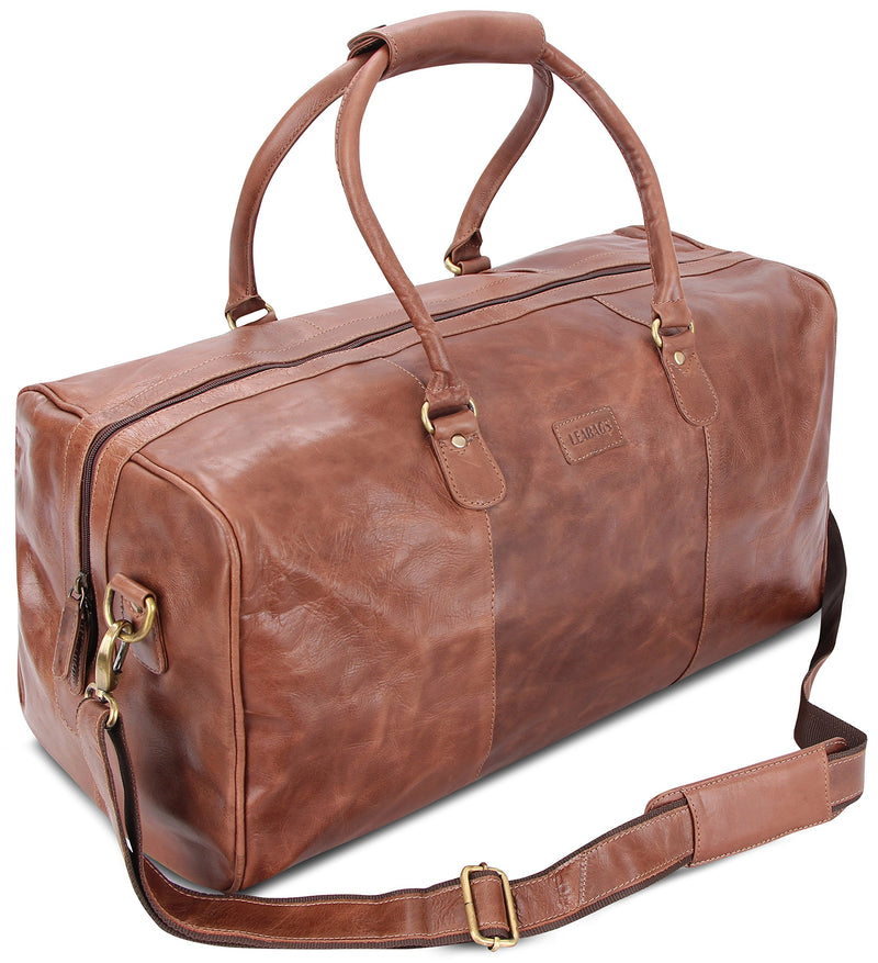 Leabags Leder Weekender Damen & Herren I Echtleder Premium Reisetasche I 40 l Sporttasche I Duffle Travel Gym Bag I Sporttasche I Trainingstasche I Tasche Flugzeug I groß I Vintage Cognac