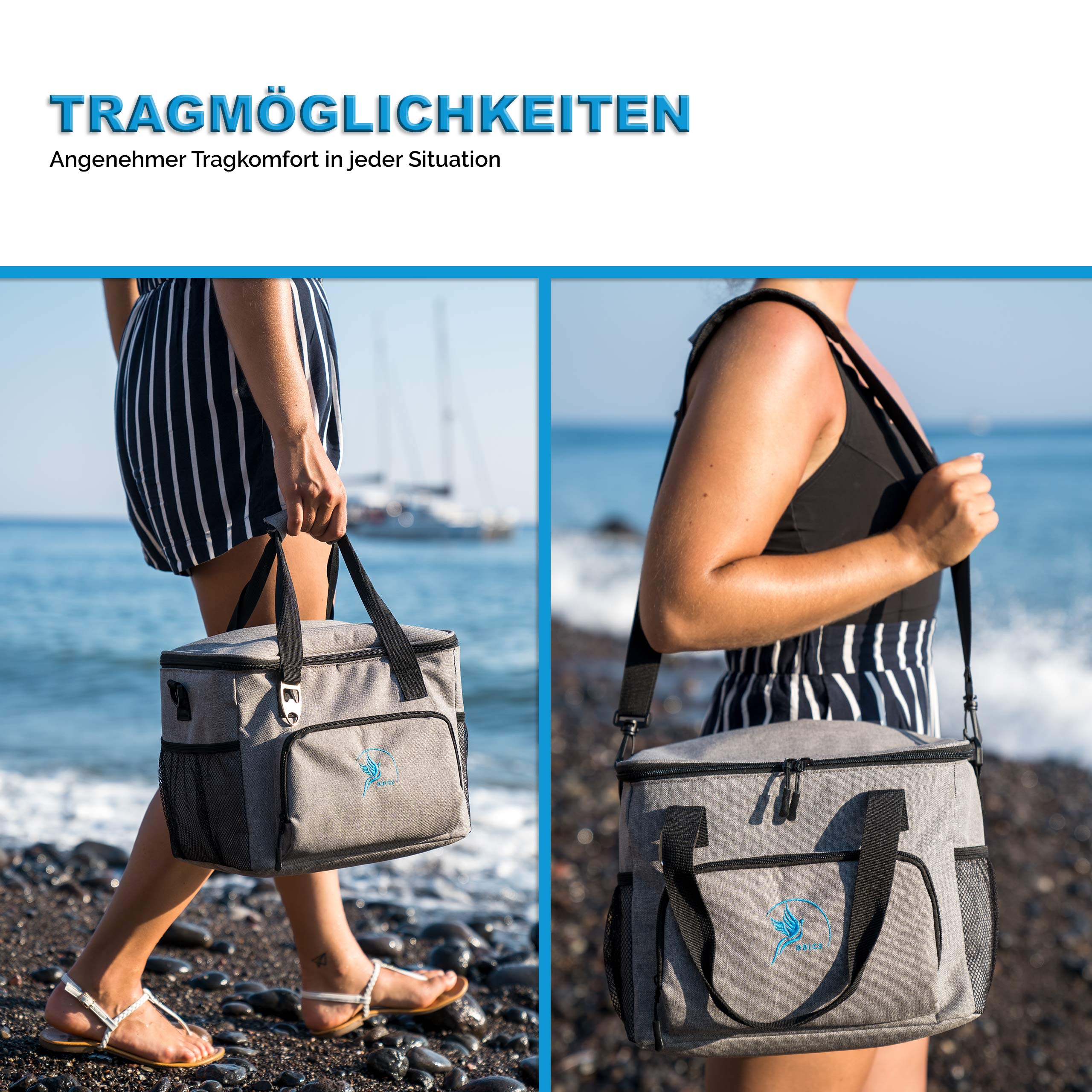 Obics Kühltasche klein 20l Kühlbox Lunchtasche mit Kühl-Akku faltbar - Thermo Isoliertasche Picknicktasche grau für Getränke & Auto - Thermotasche Essenstasche isoliert unterwegs - Einkaufstasche