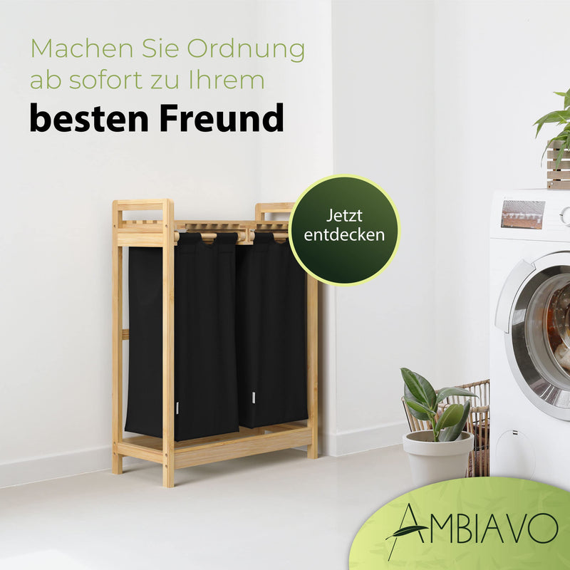 AMBIAVO® Wäschekorb 2 Fächer [schwarz, 100% Baumwolle, Bambus, 60 l Volumen] | Wäschesammler für Schmutzwäsche| Wäsche Sortiersystem | Wäschesortierer Holz | Wäschebox | laundry baskets