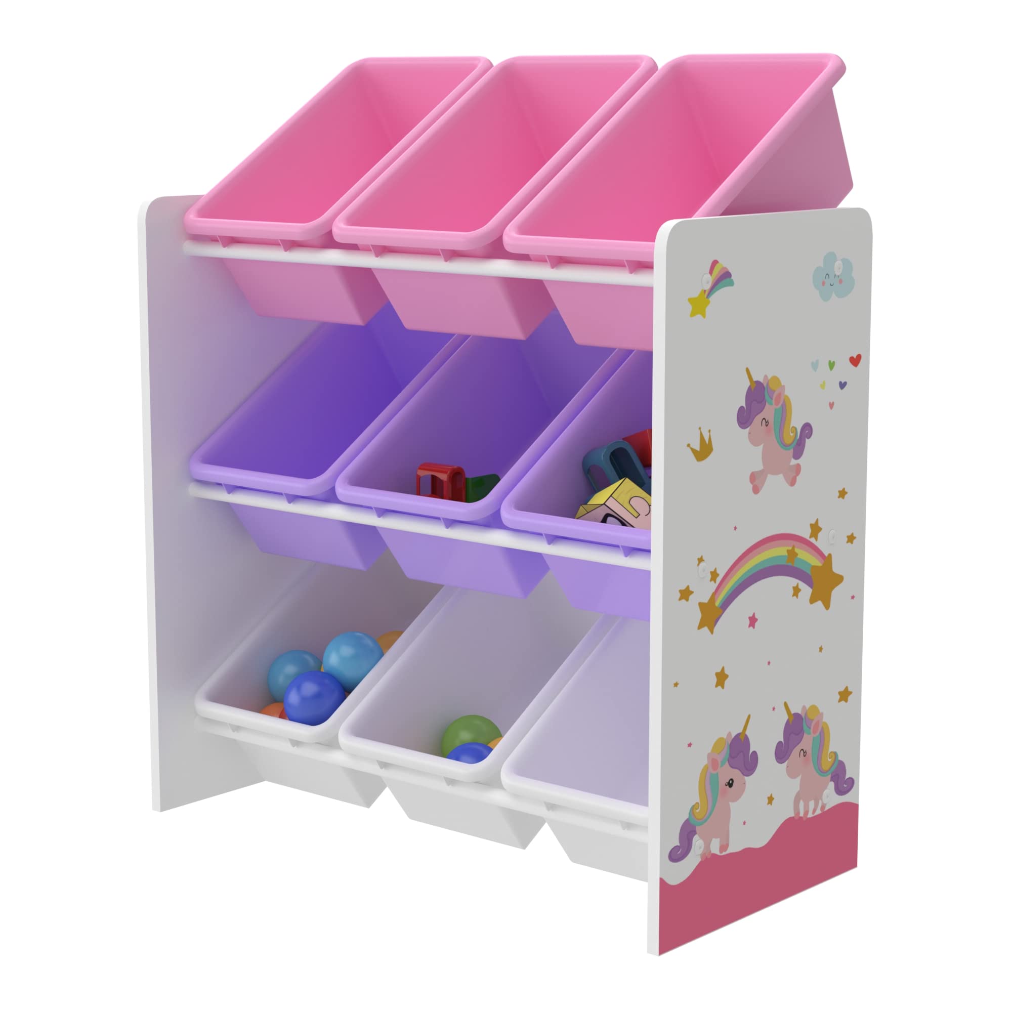 [en.casa] Kinderregal Muxía mit 9 Aufbewahrungsboxen Spielzeugregal mit Einhorn-Motiv Spielregal Weiß Lila Rosa Kinderzimmer Organizer