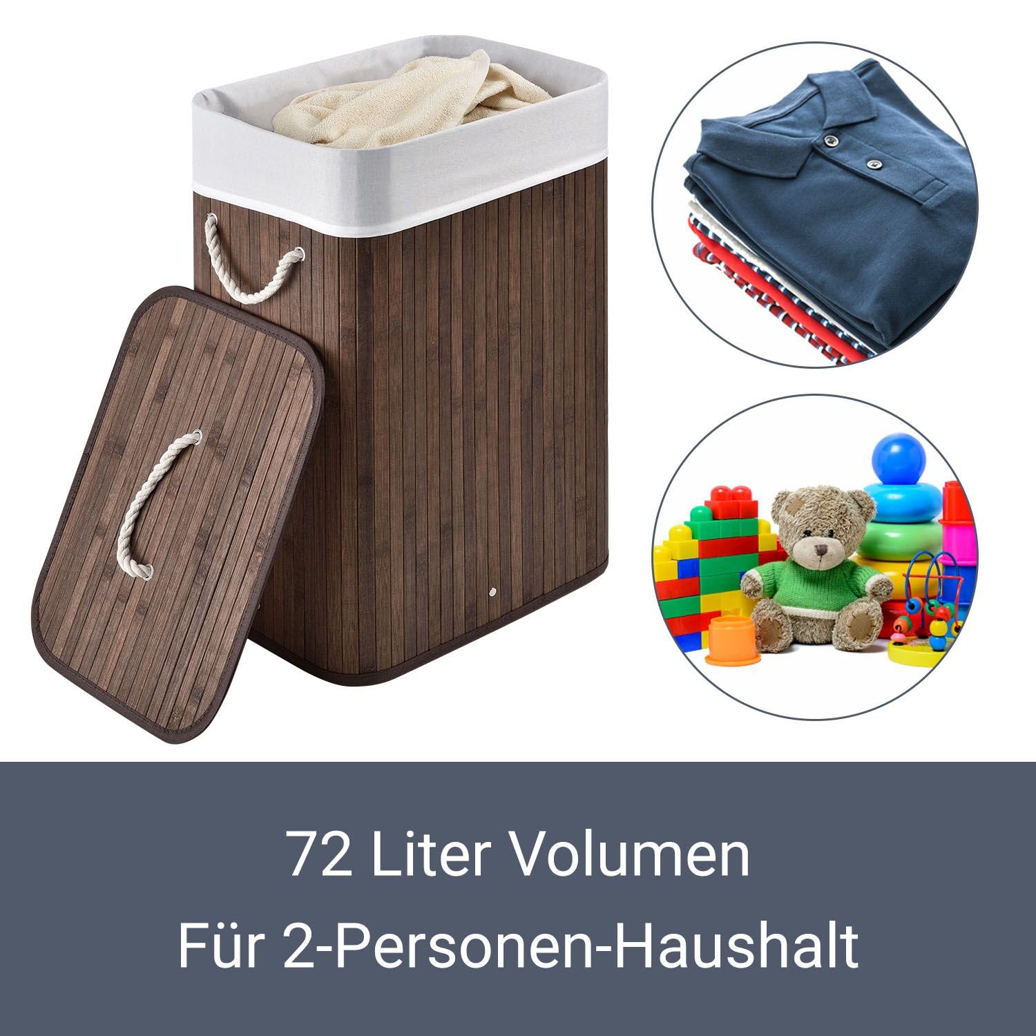 Juskys Bambus Wäschekorb Curly 72 Liter Braun — Wäschesammler mit Deckel, Griff & 1 Fach — Stoff Wäschesack herausnehmbar & waschbar Wäschetonne