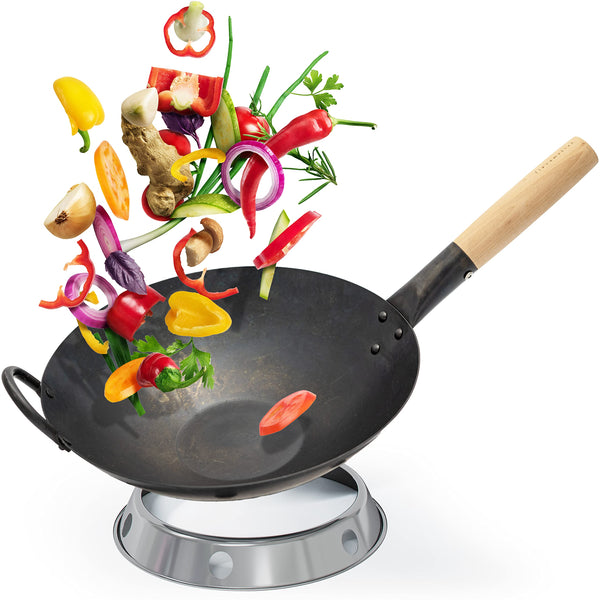 Flavemotion Wok [VOREINGEBRANNT]+ Wokring für Induktion, E-Herd (Flacher Boden, 30 cm) handgehämmerte Wokpfanne aus Karbonstahl inkl. Wokring zum Abstellen